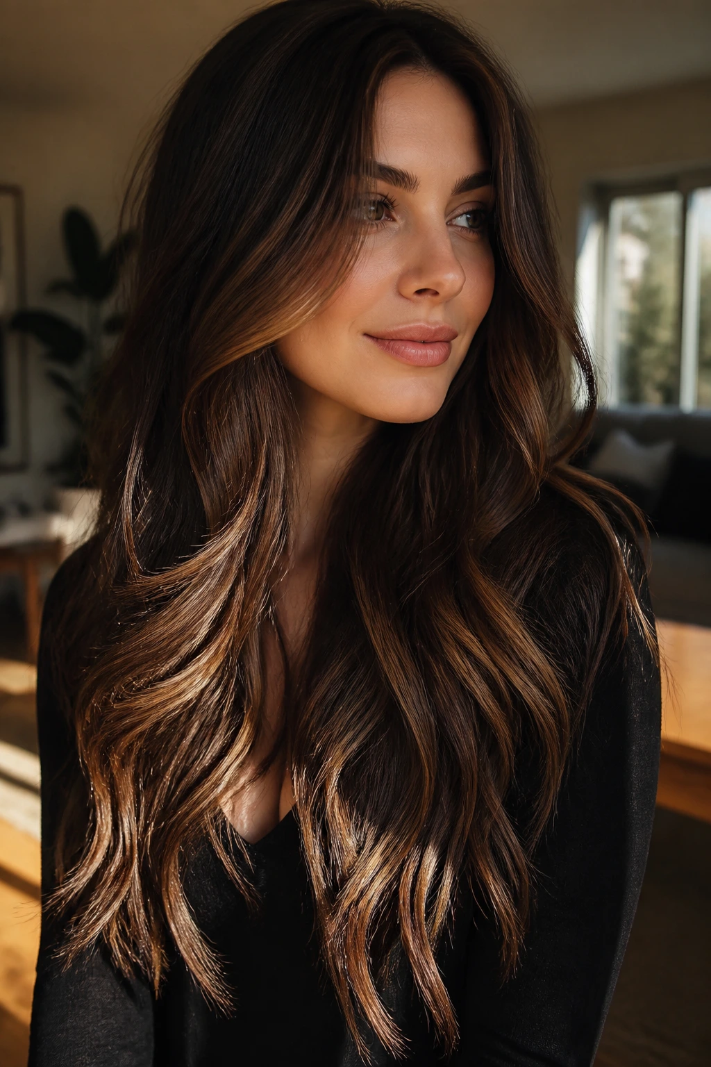 Close-up of a real woman with very long brunette hair showing dimensional balayage and babylights