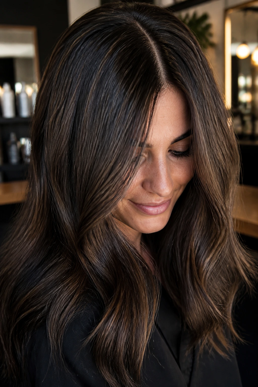 Brunette with micro-highlights creating a dimensional shimmer.