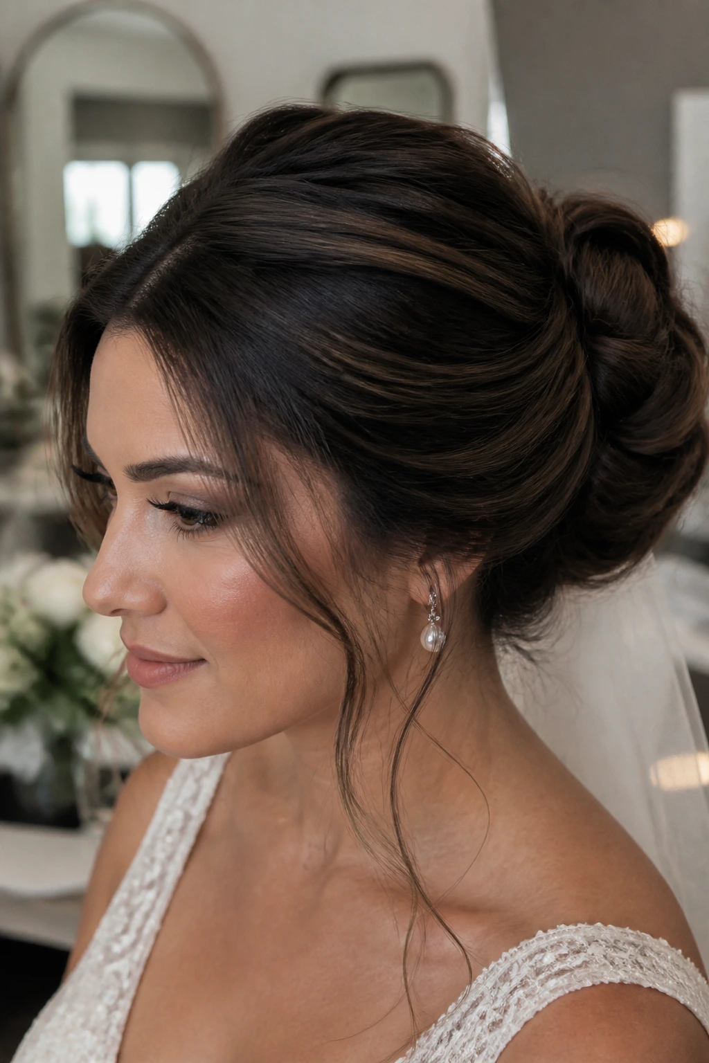 Close-up of a bride with dimensional brunette and micro-lowlights in a structured bun