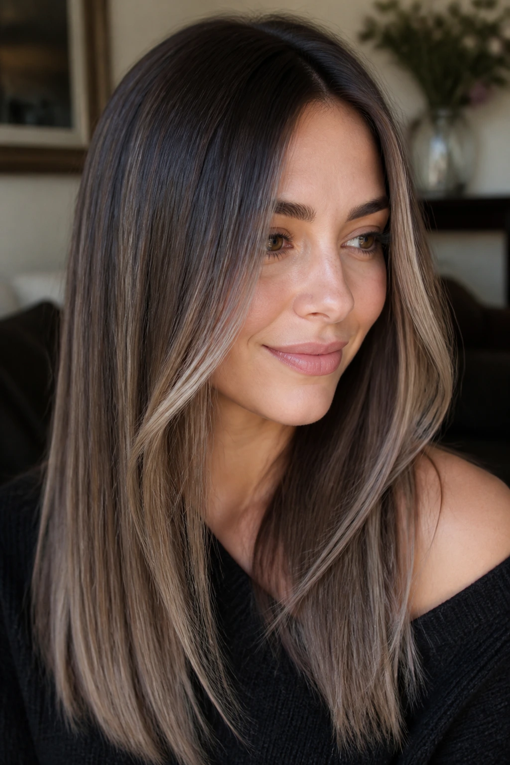 Close-up portrait of dimensional brunette with pearl tones on straight hair.