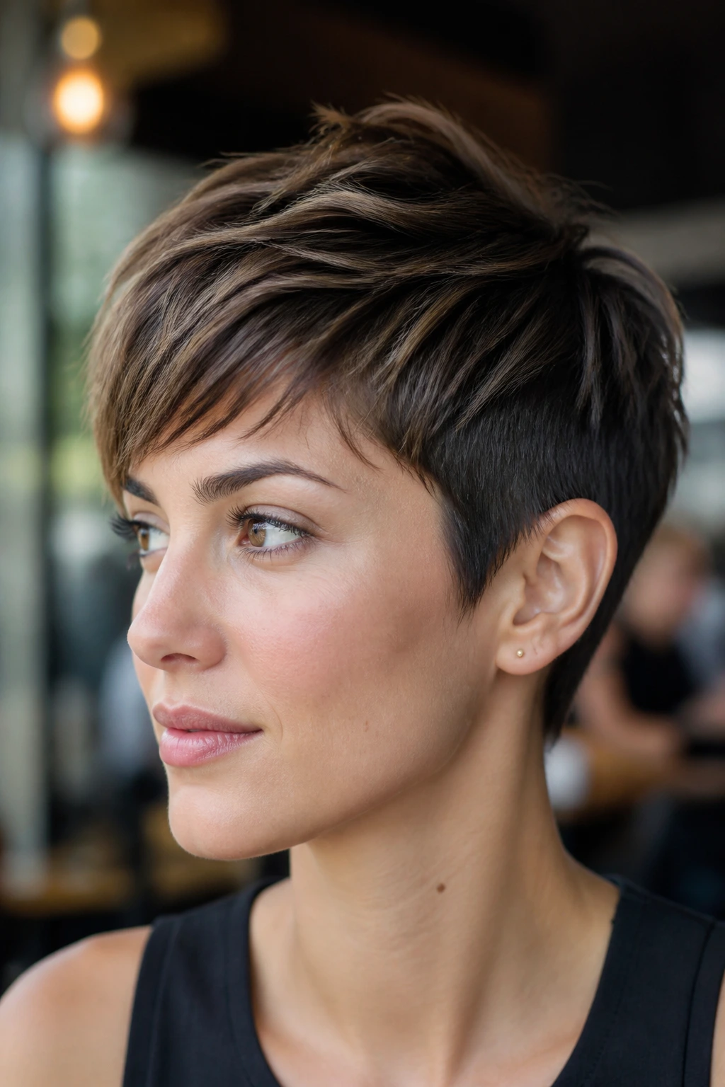 Close-up of a real woman with dimensional brunette pixie haircut