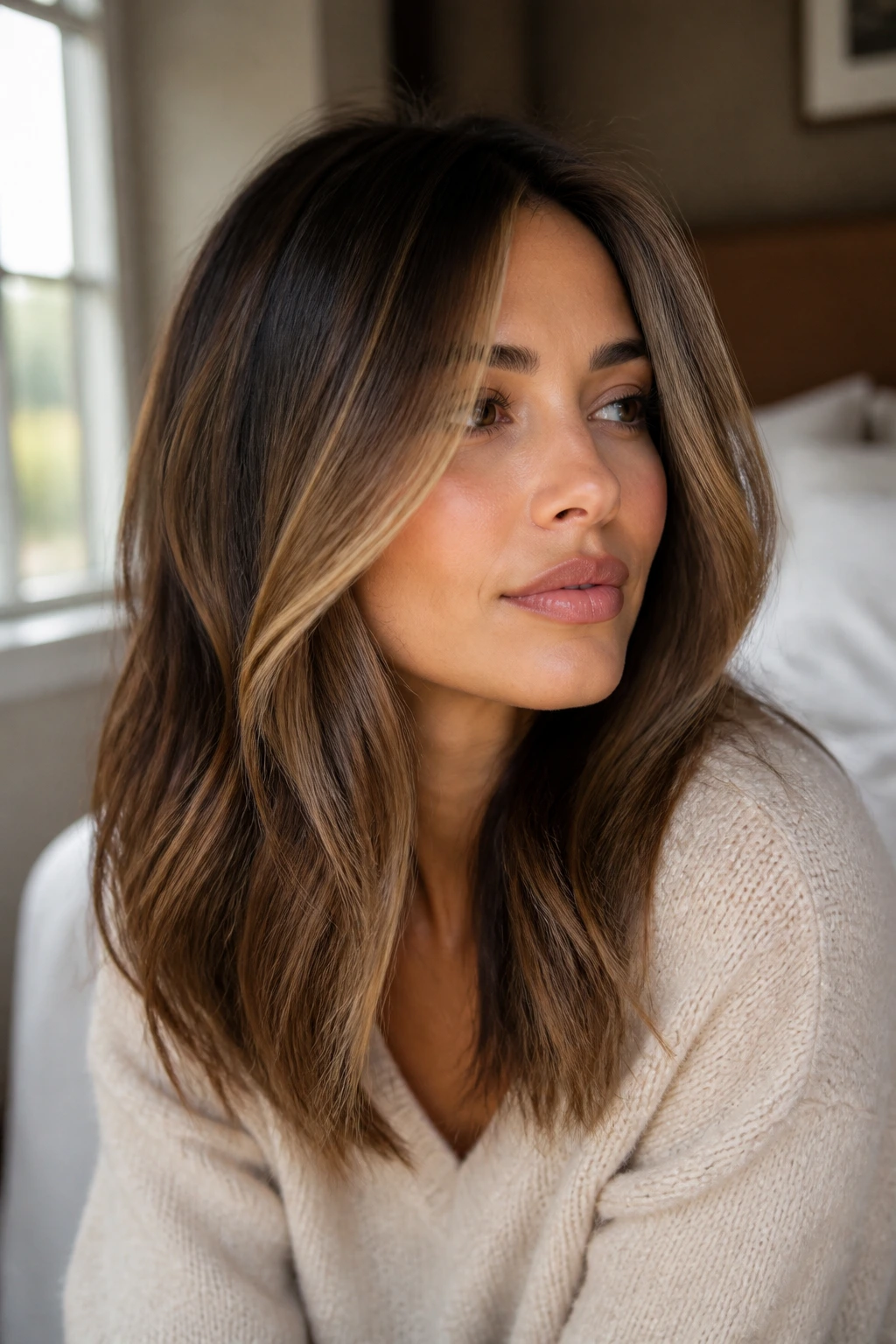 Close-up brunette with face-framing ribbons and dimensional highlights