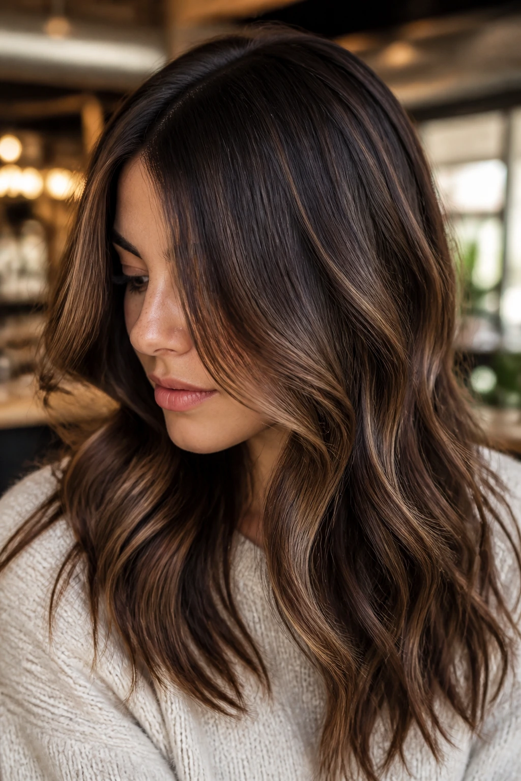 Brunette with off-center part showing dimensional color around the face