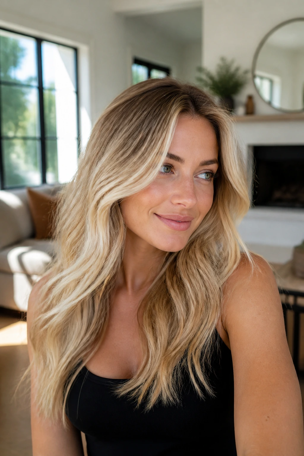 Close-up portrait of a real woman with Dimensional Buttery Blonde hair in sunlit living room