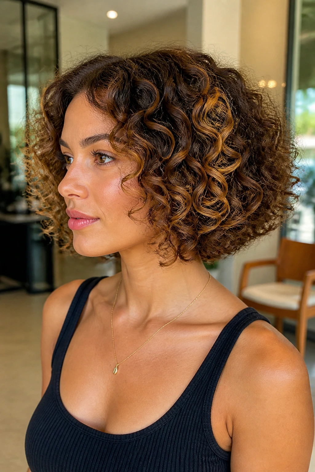 Curly bob with dimensional caramel streaks along the perimeter