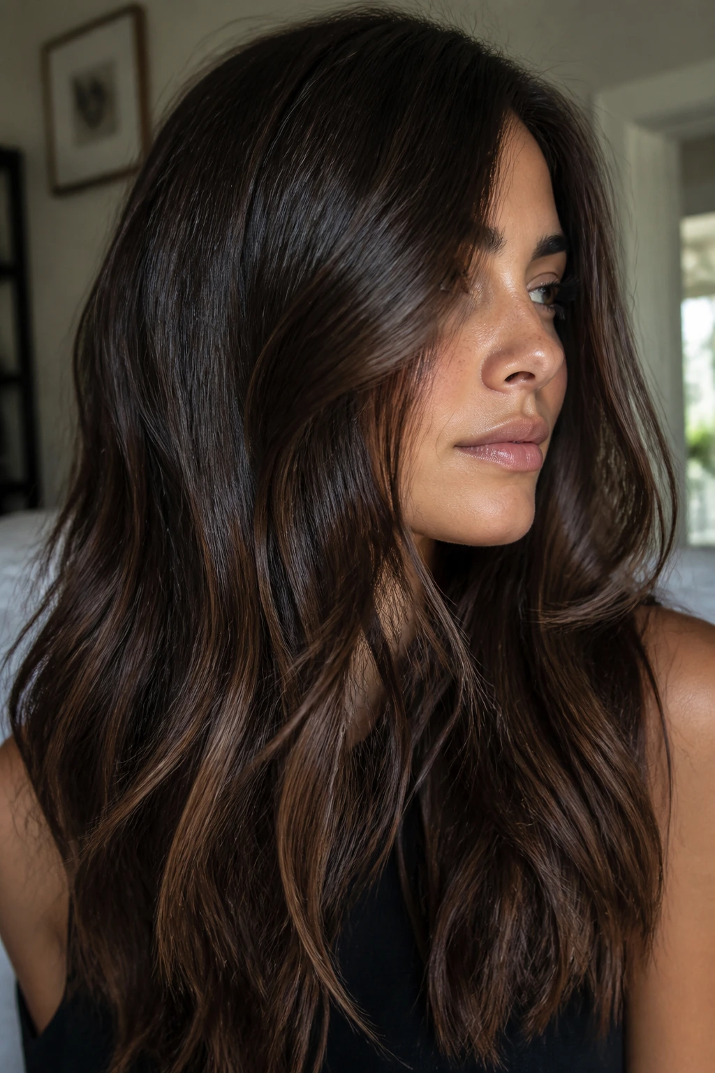 Dimensional chocolate brown hair with deep shine on a real person