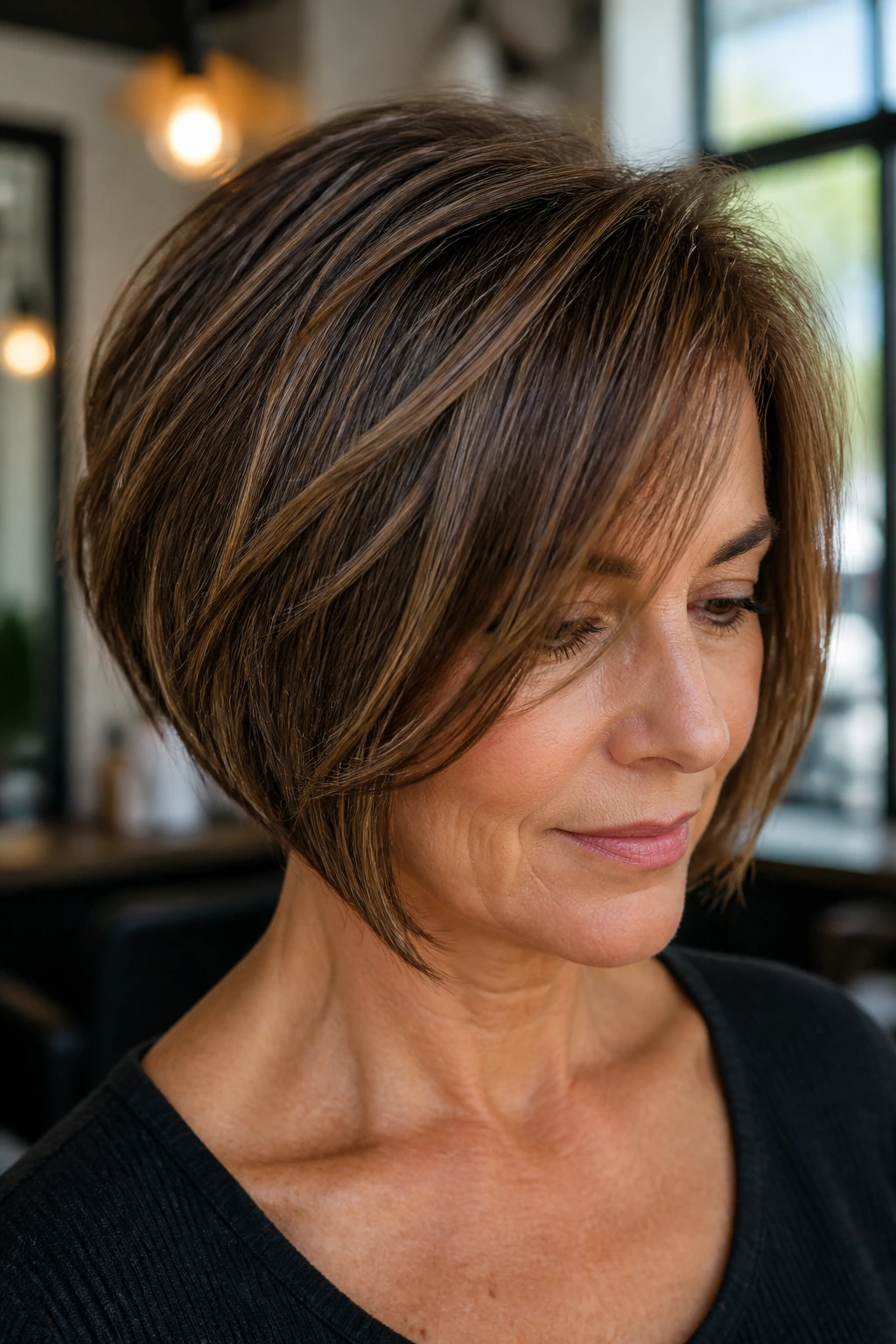 Close-up of a real person with dimensional chocolate micro-highlights on a short layered bob