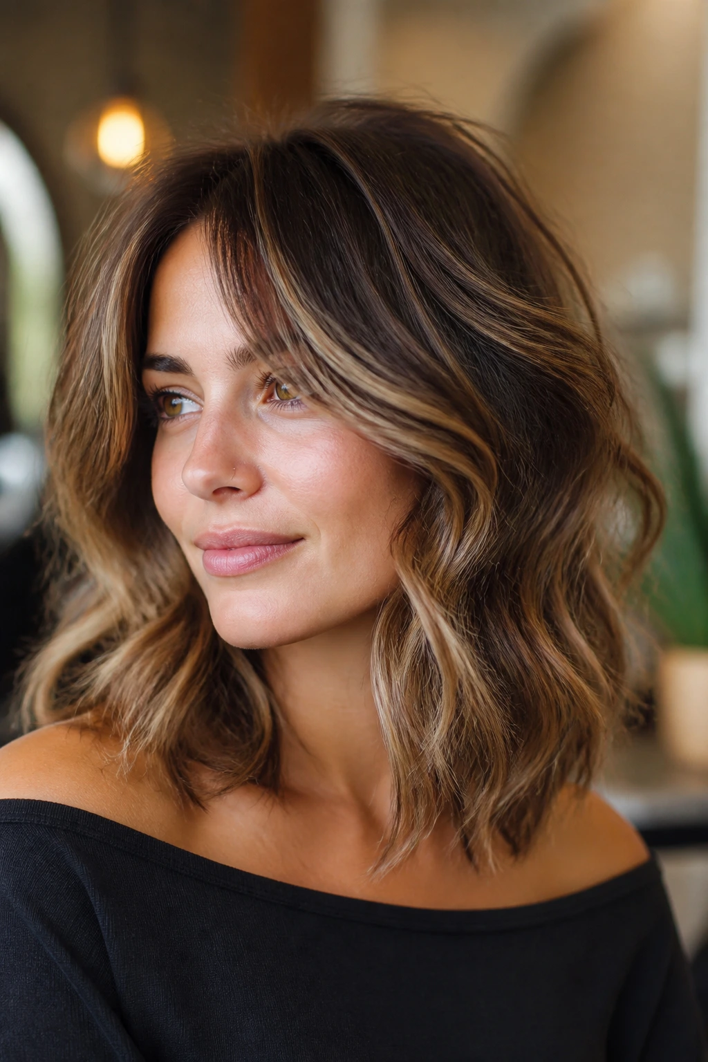 Close-up of real person with dimensional color shag balayage ribbons