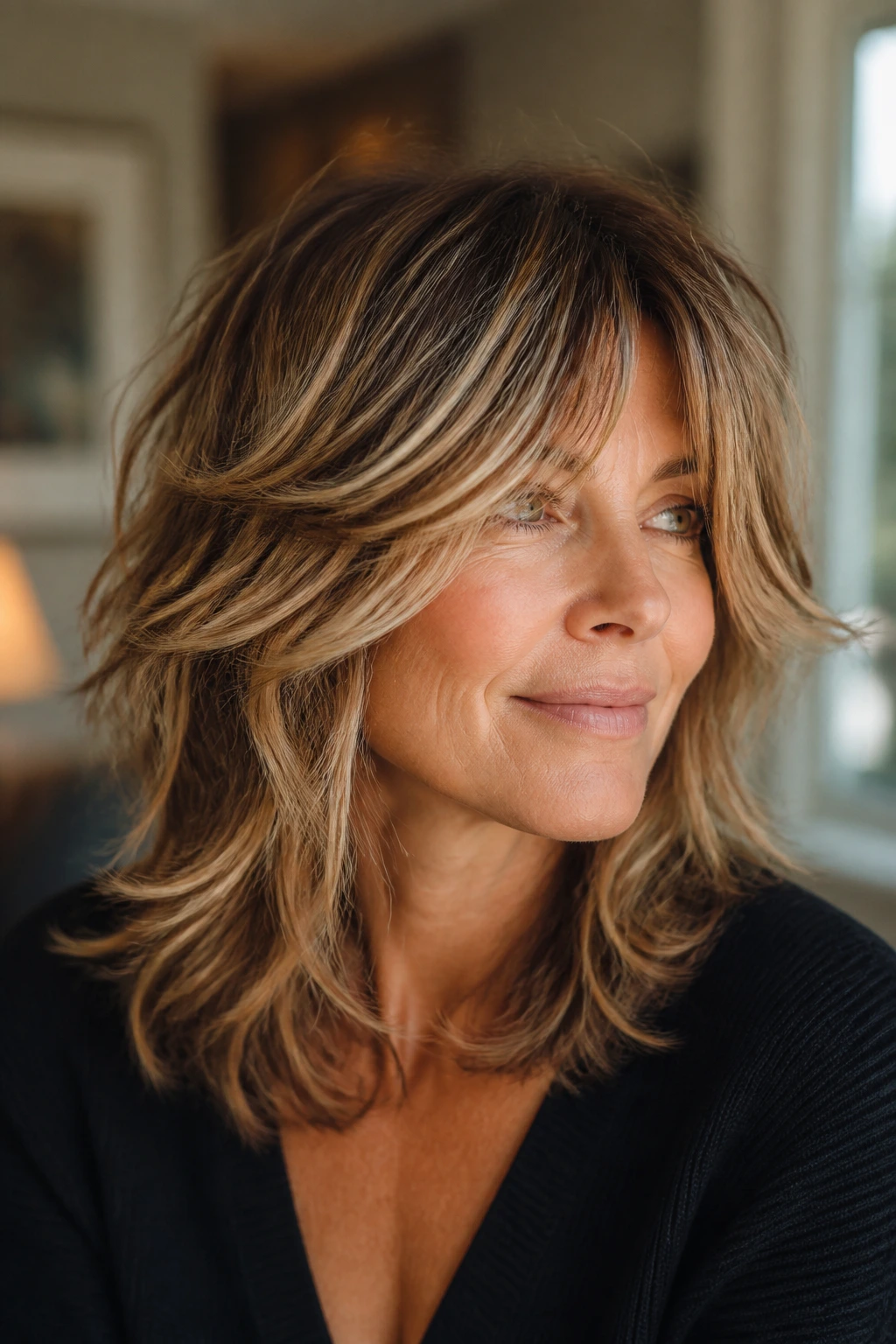Close-up of a real woman with dimensional color shag and face-frame highlights in warm light