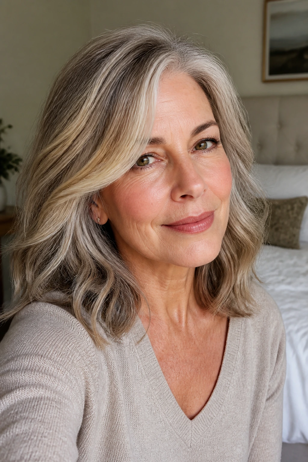 Close-up of a real woman with dimensional hair color showing soft regrowth and face-framing highlights