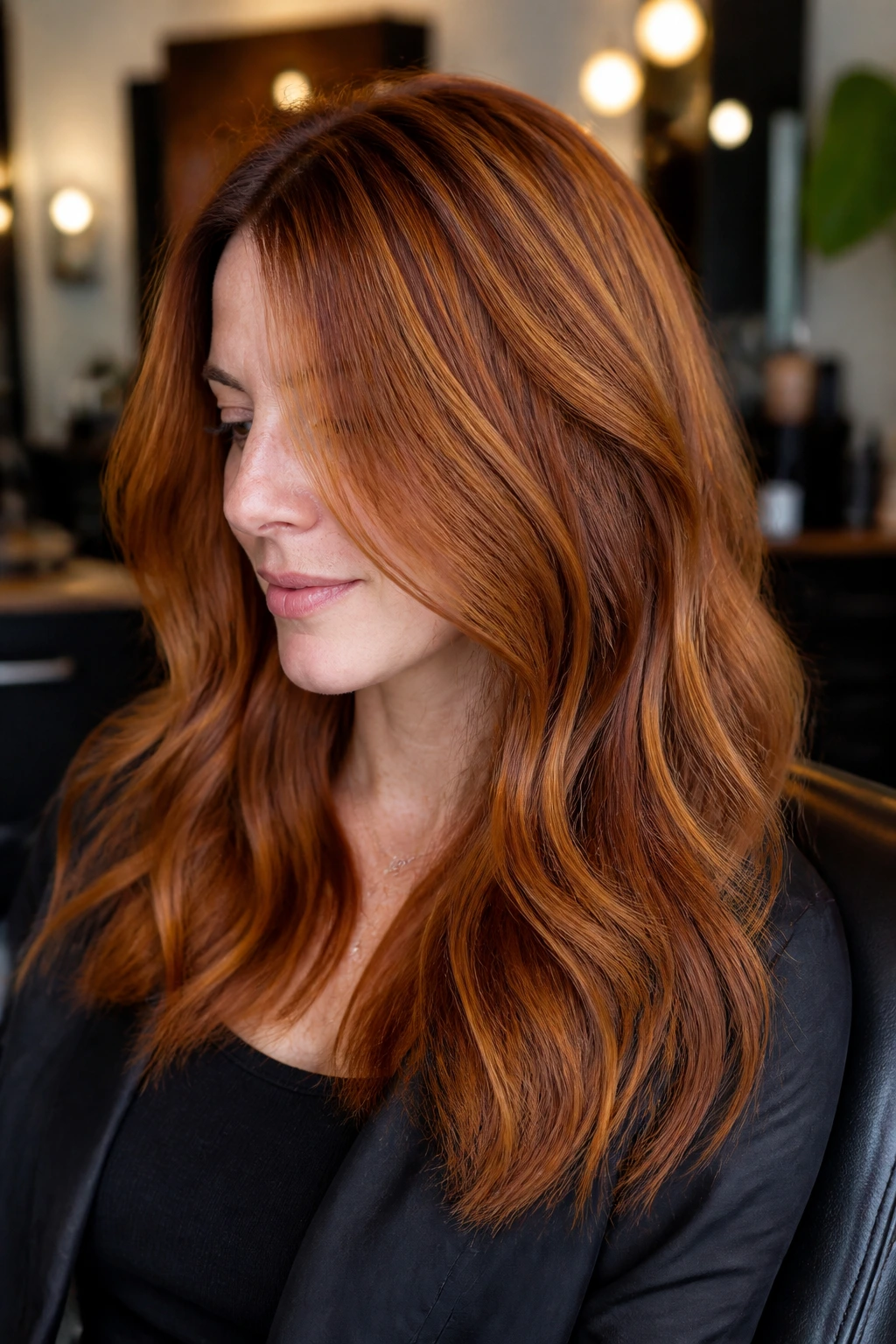 Close-up portrait of a real woman with copper hair and dark lowlights.