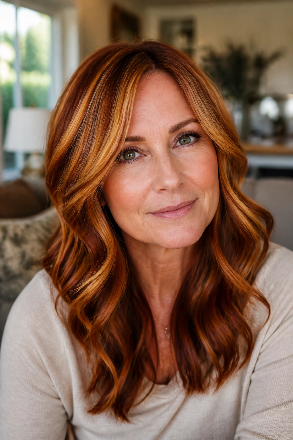 Close-up portrait of a real woman with dimensional copper hair in warm lighting.