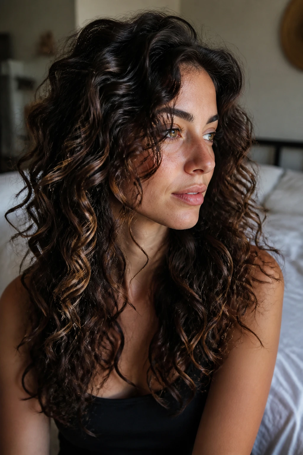 Close-up of a real woman with dimensional dark chocolate curls and subtle lowlights