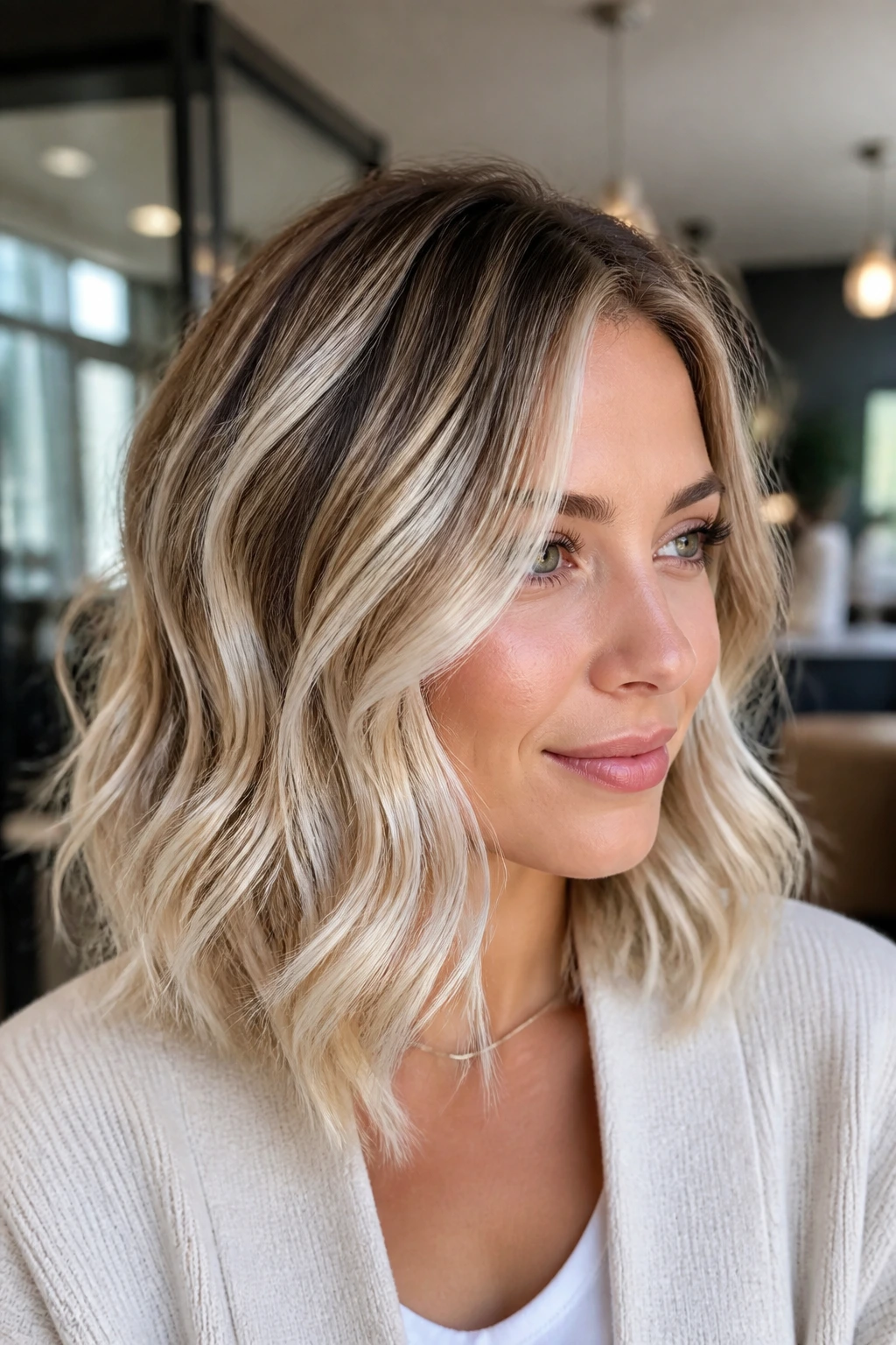 Shoulder-up portrait of a woman with dimensional foilyage blonde in a salon
