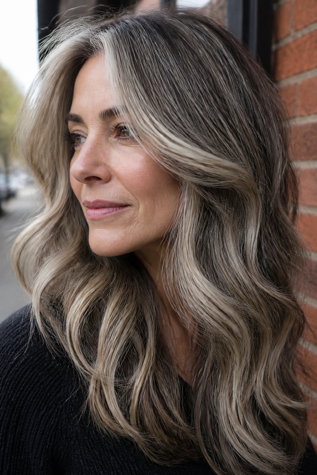 Real woman with dimensional gray blending balayage against an urban backdrop