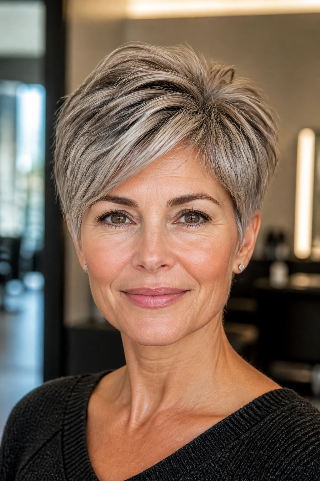 Portrait of a real person with short gray hair showing dimensional color