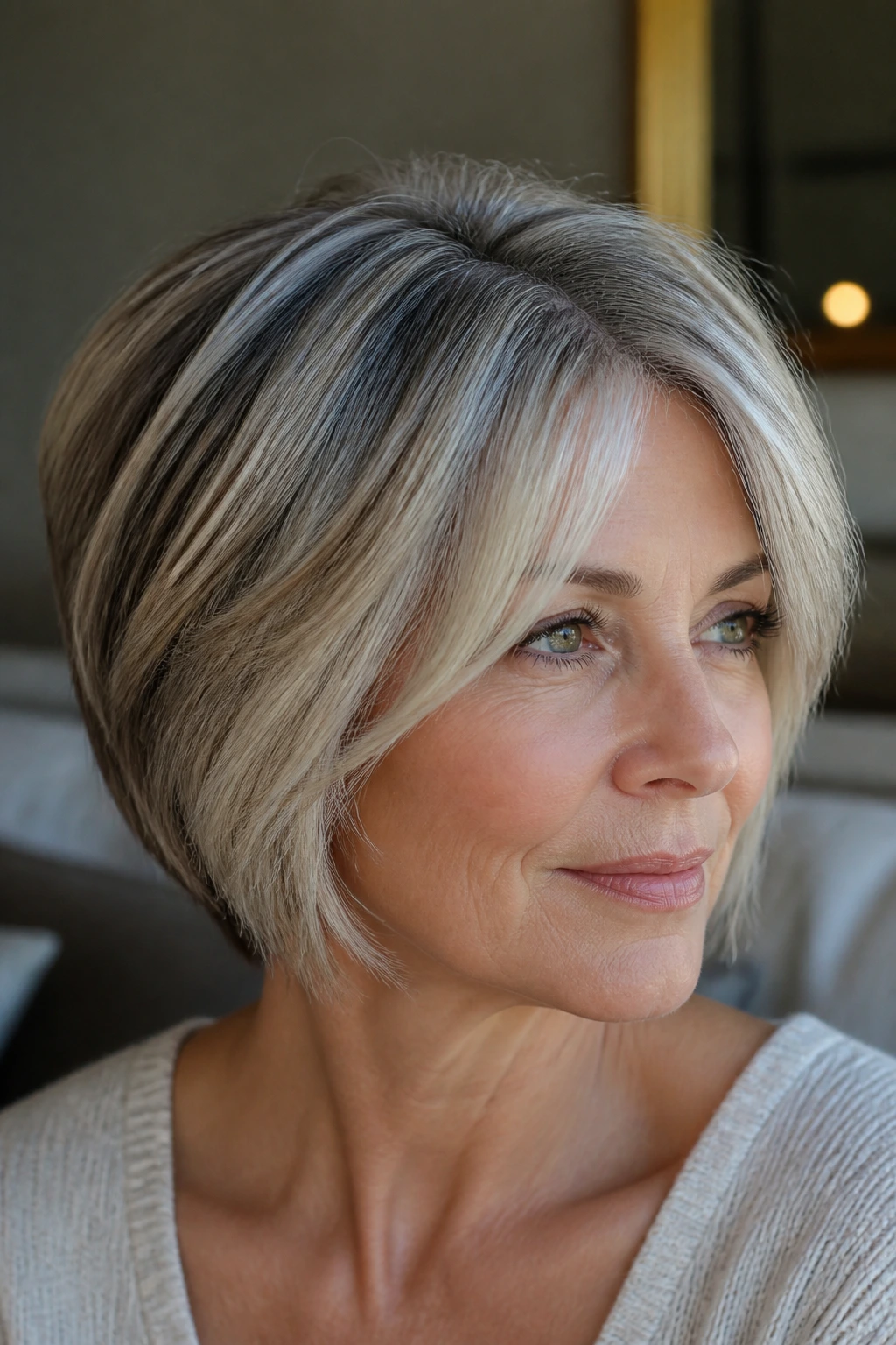 Close-up of an older woman's hair with dimensional gray-blending highlights