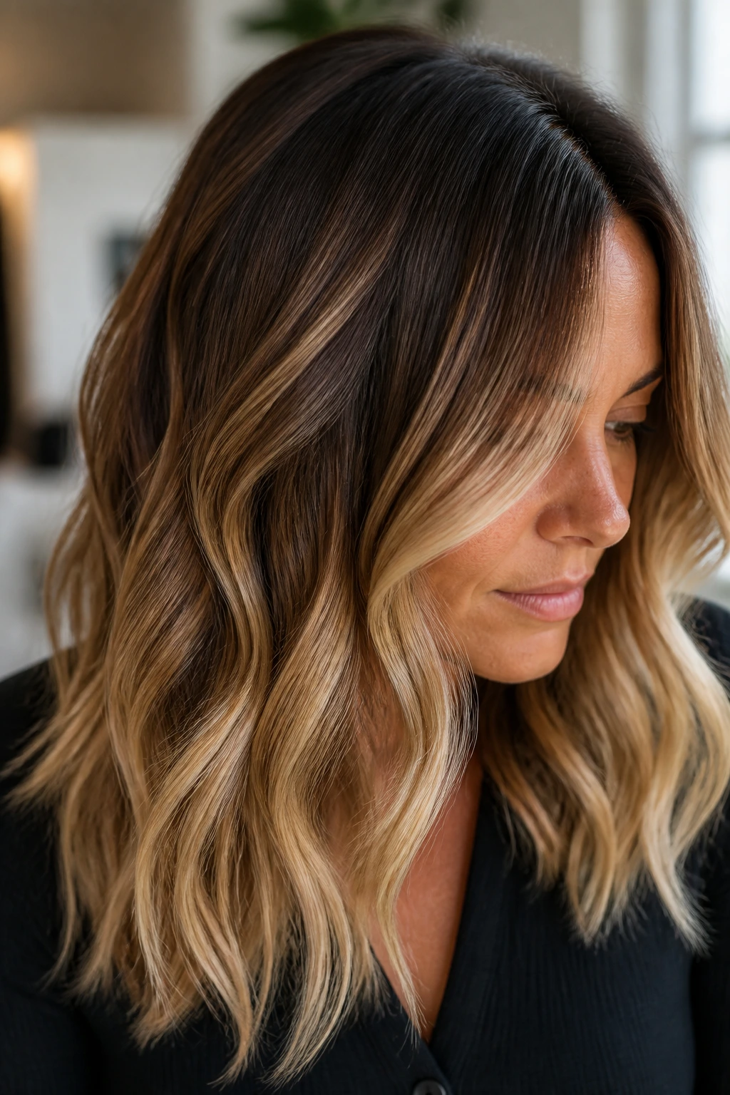Hair with multi-tone dimensional brightness showing depth