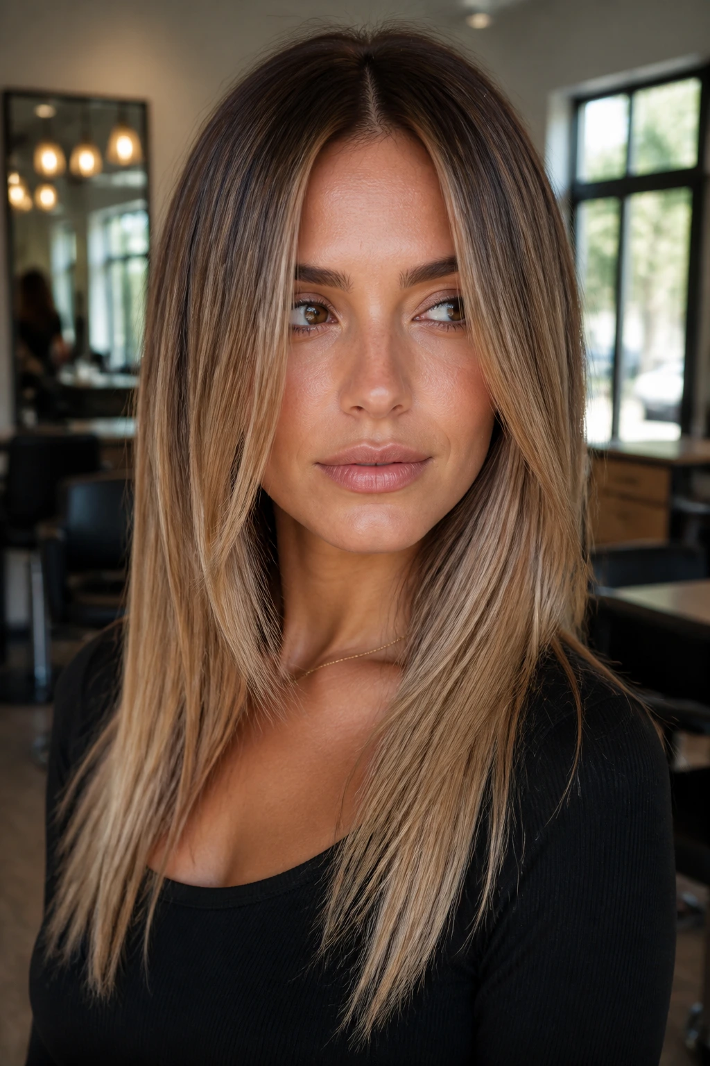 Close-up portrait of a real woman with multidimensional hair color showing beige blonde and bronde tones