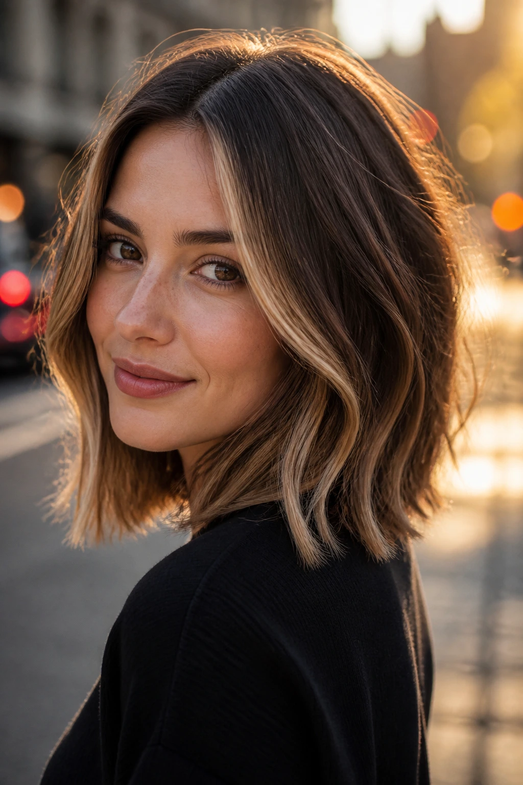 Close-up of a real person with dimensional highlight lob in golden hour light