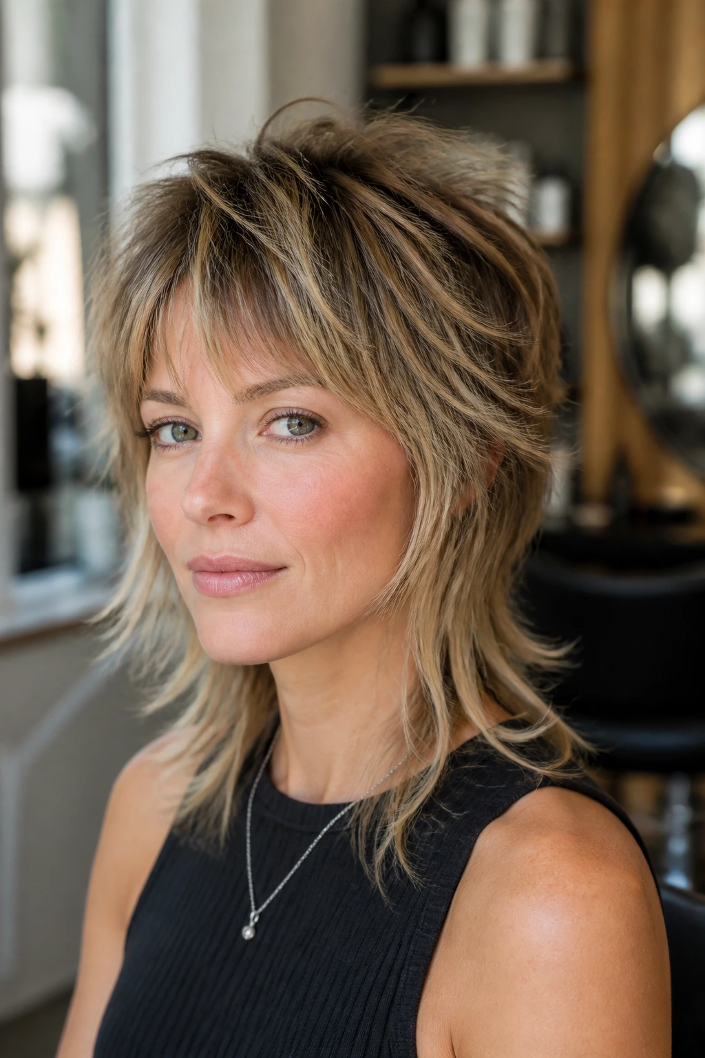 Close-up of real woman with dimensional highlight shag mullet in salon light