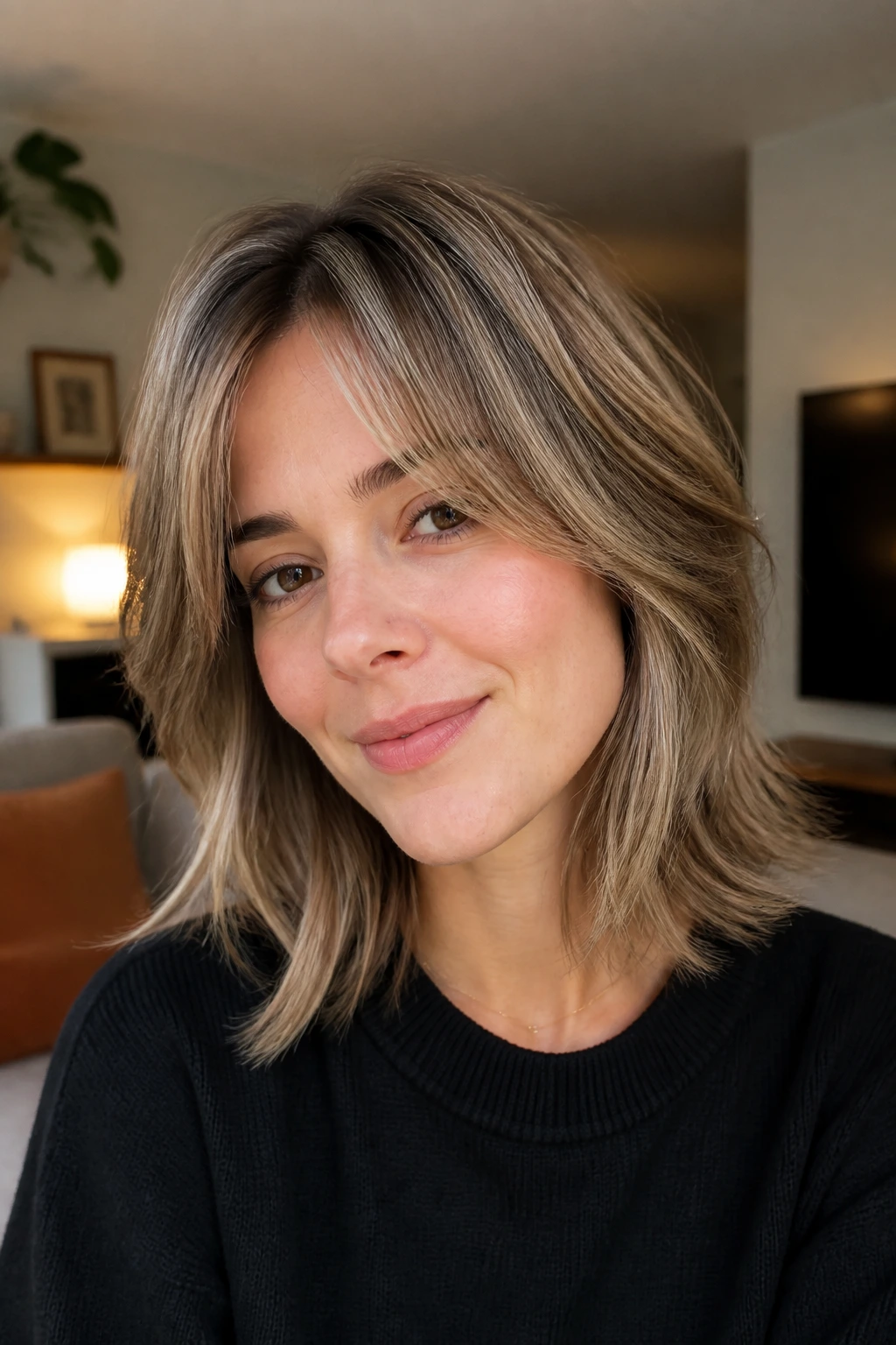 Close-up portrait of a person with dimensional highlight wolf cut