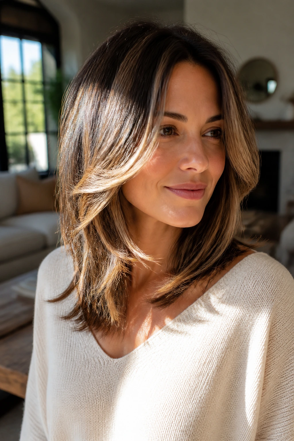 Real person with dimensional layered hair and balayage highlights