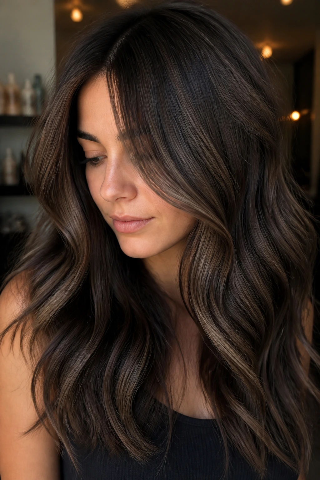 Close-up of a real woman with mocha smoke balayage showing dimensional brown tones