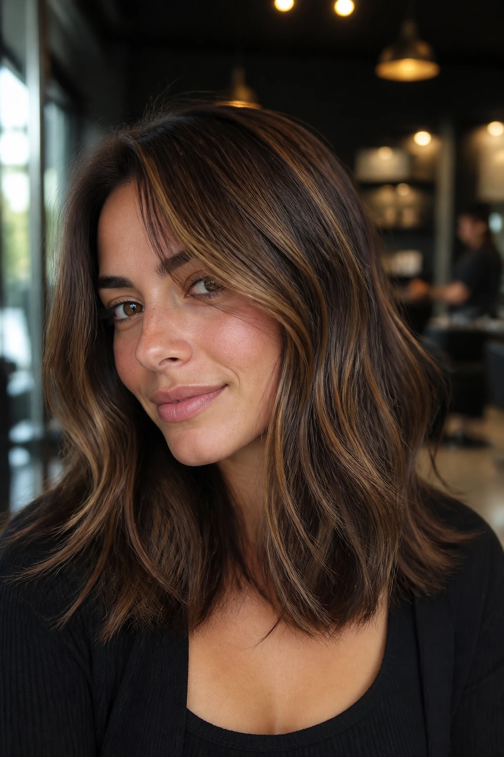 Portrait of mocha swirl dimensional brunette hair on a real person
