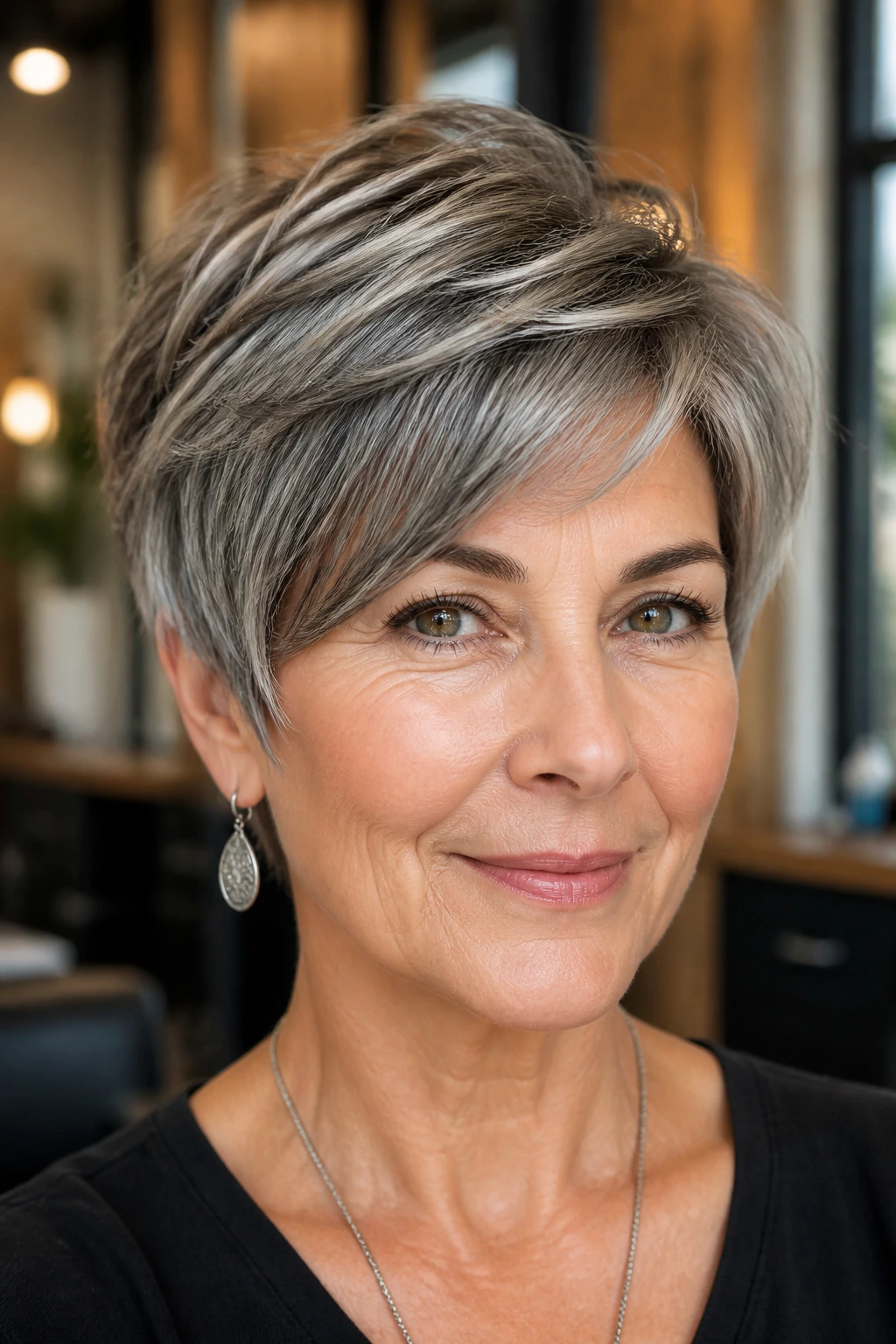 Close-up of a real person with dimensional pewter balayage on short hair