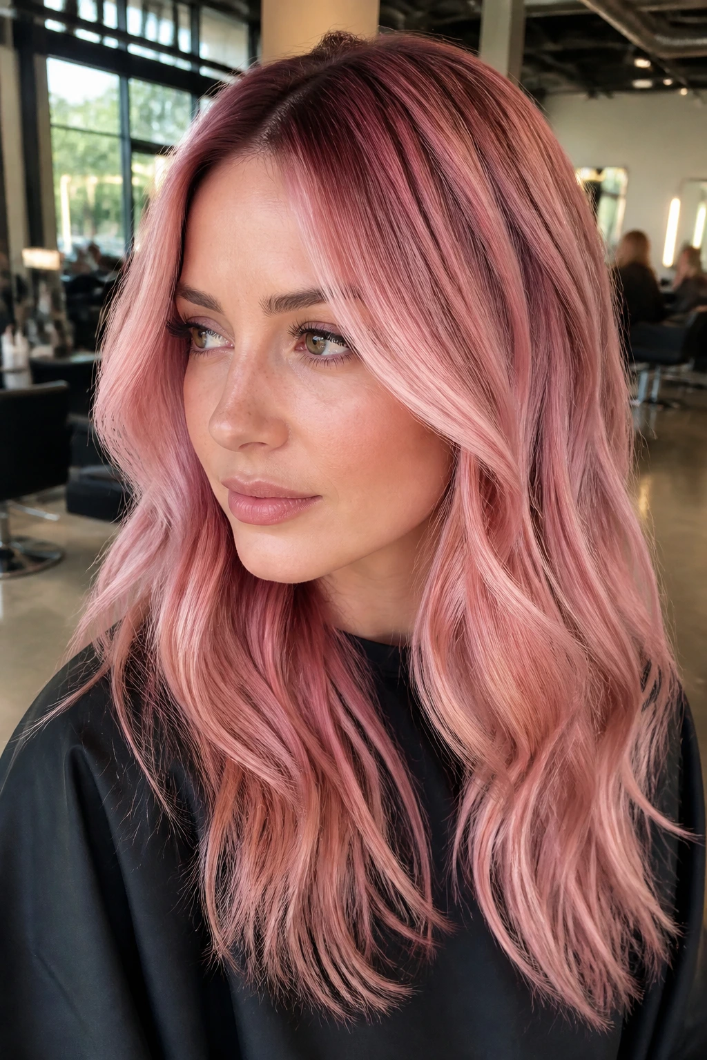 Close-up showing pink dimensional highlights with shadow root and face frame