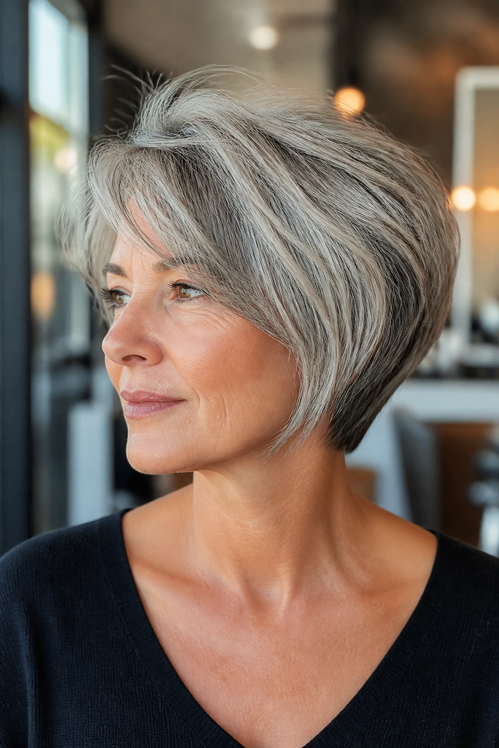 Close-up of a real woman with dimensional pixie bob gray hairstyle