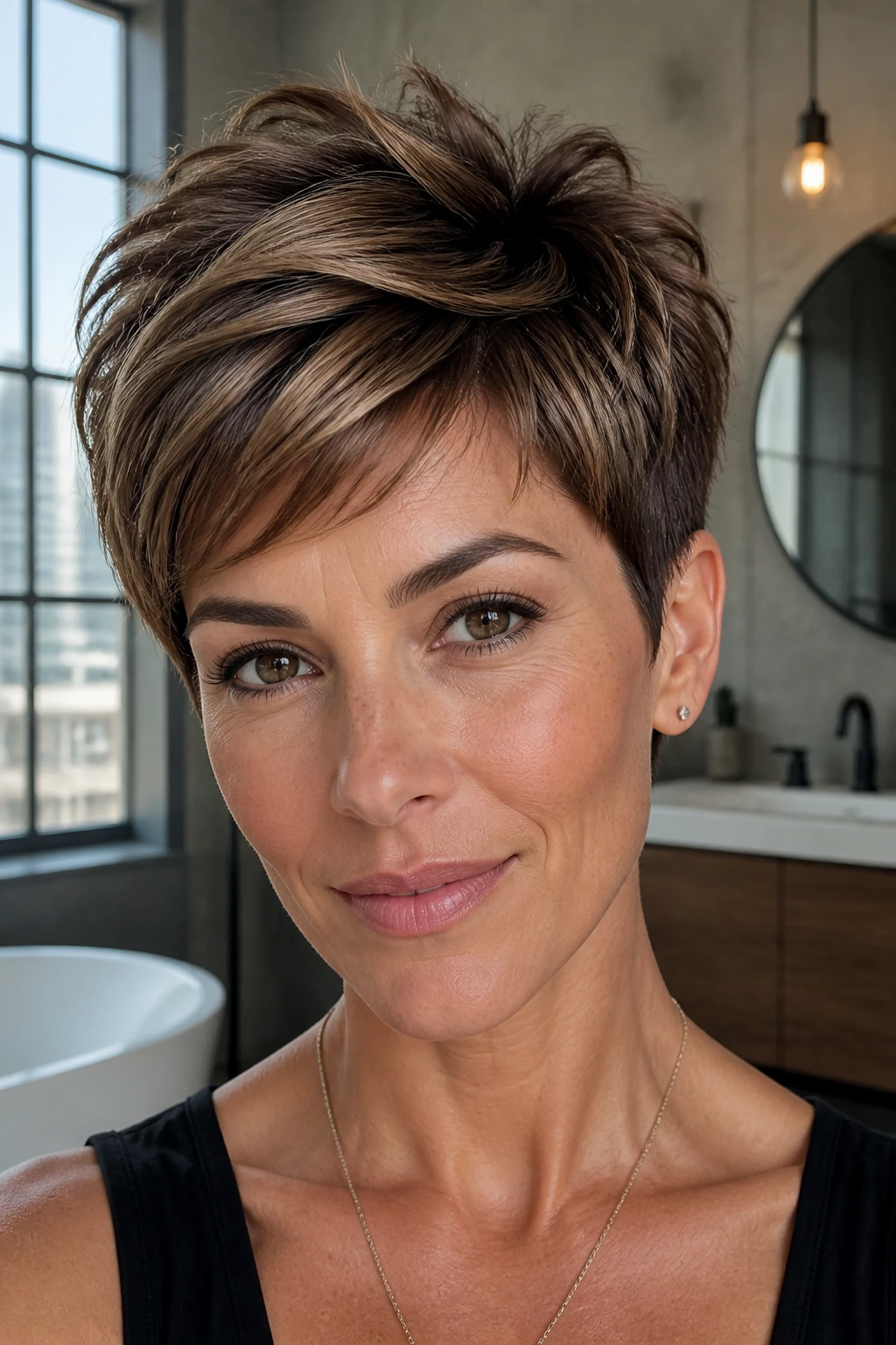 Portrait of a person with dimensional mocha pixie haircut in natural daylight
