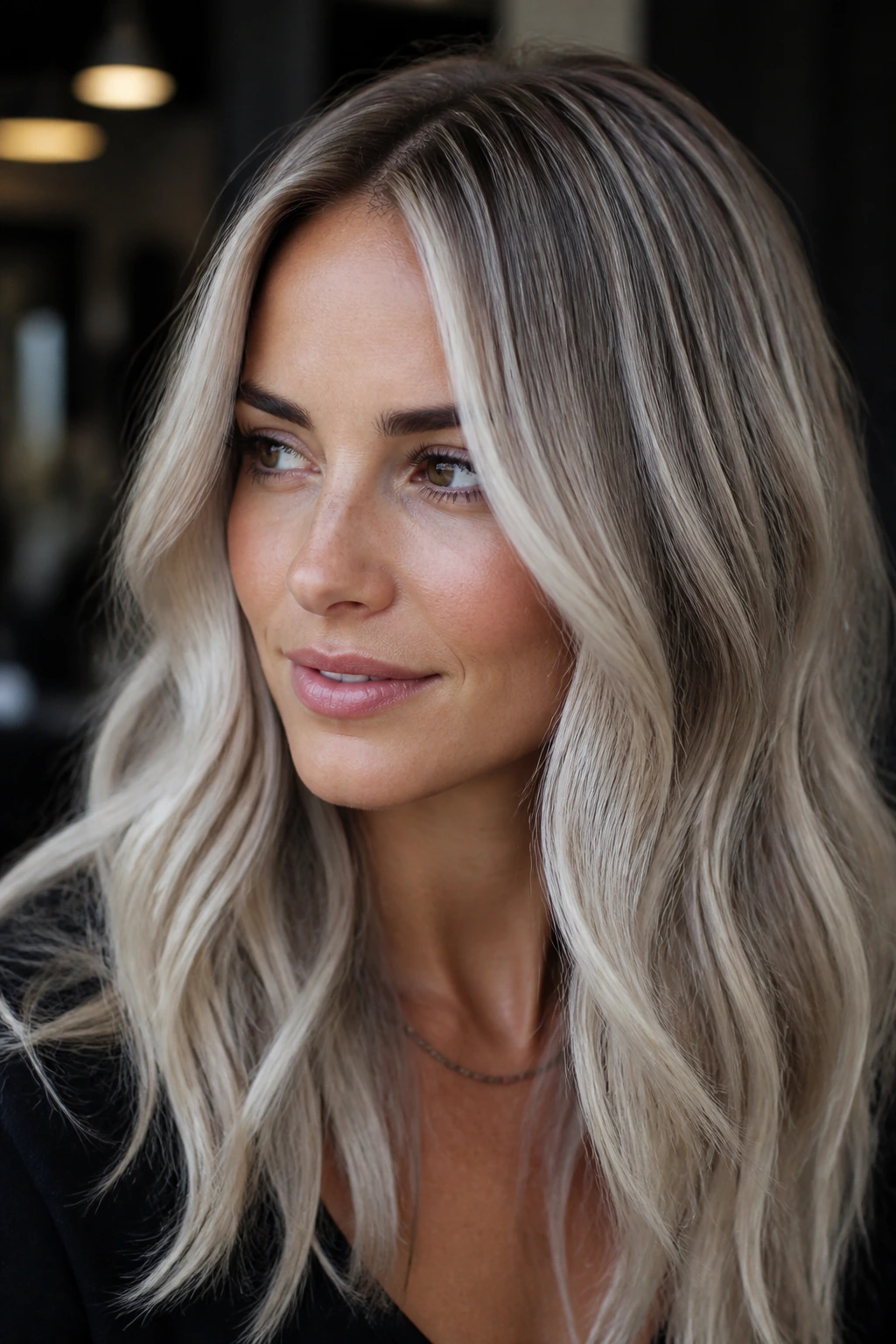 Portrait of a woman with dimensional platinum highlights over a darker base