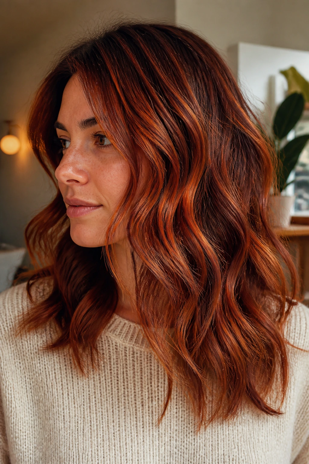 Medium close-up of brunette with dimensional red copper highlights and deeper red lowlights