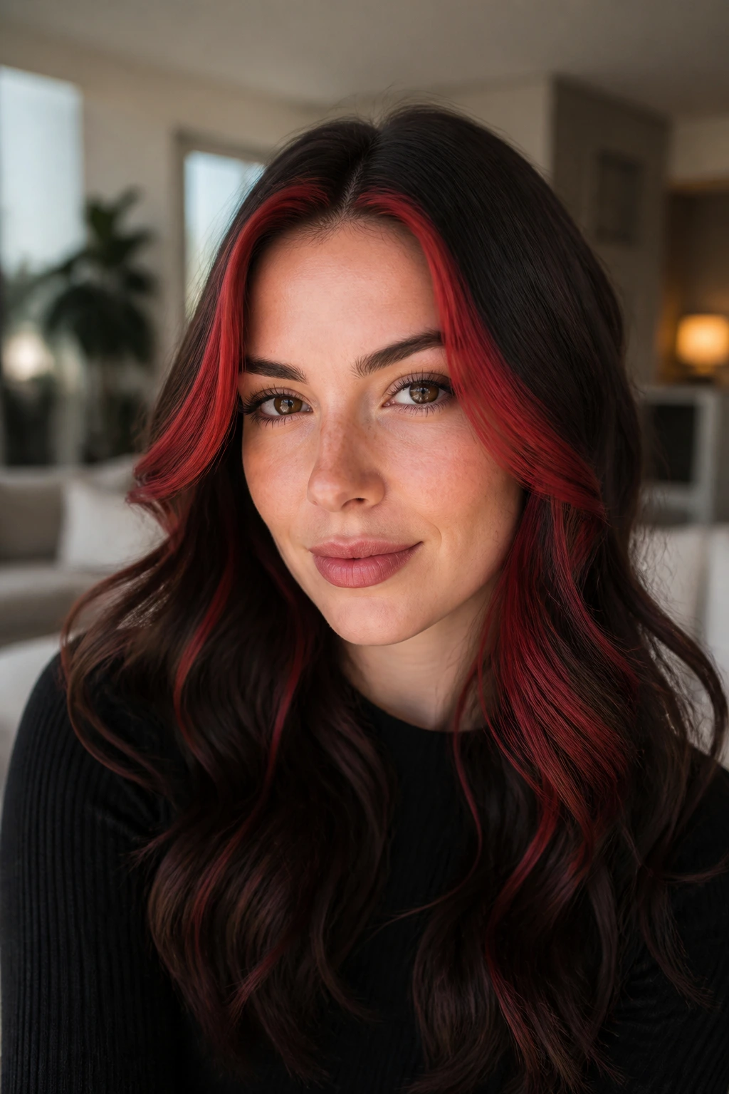 Portrait of a woman showing a red money piece framed by darker lowlights for dimension