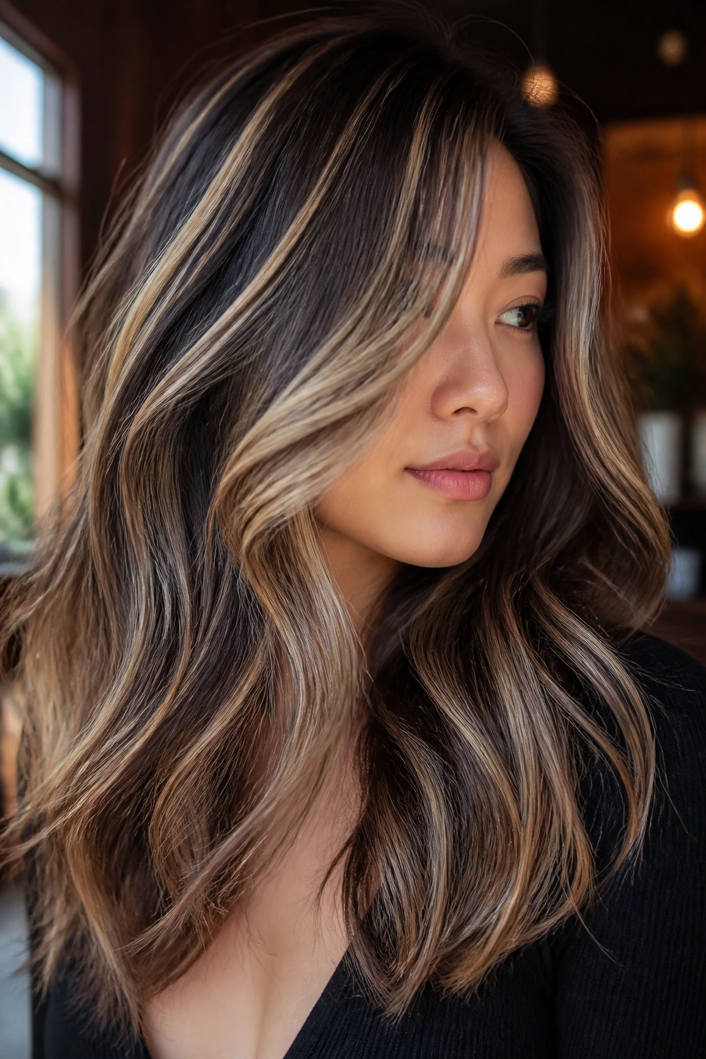 Close-up of a real woman's hair showing dimensional ribbon blonde highlights.