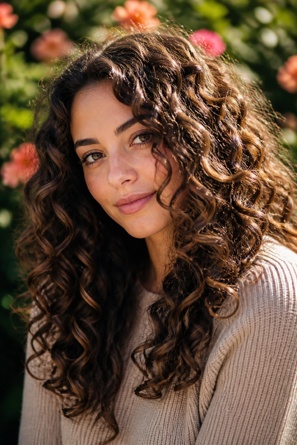 Close-up portrait of Dimensional Ringlet Brunette with multi-toned curls