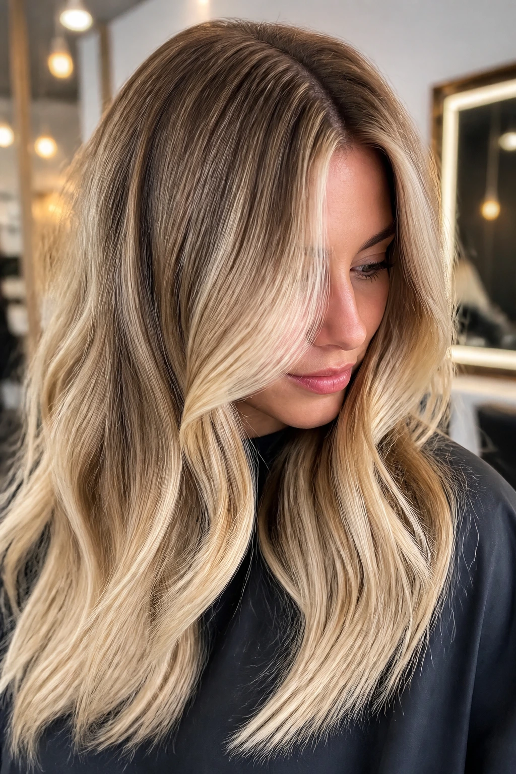 Close-up of thick hair with dimensional rooty blonde