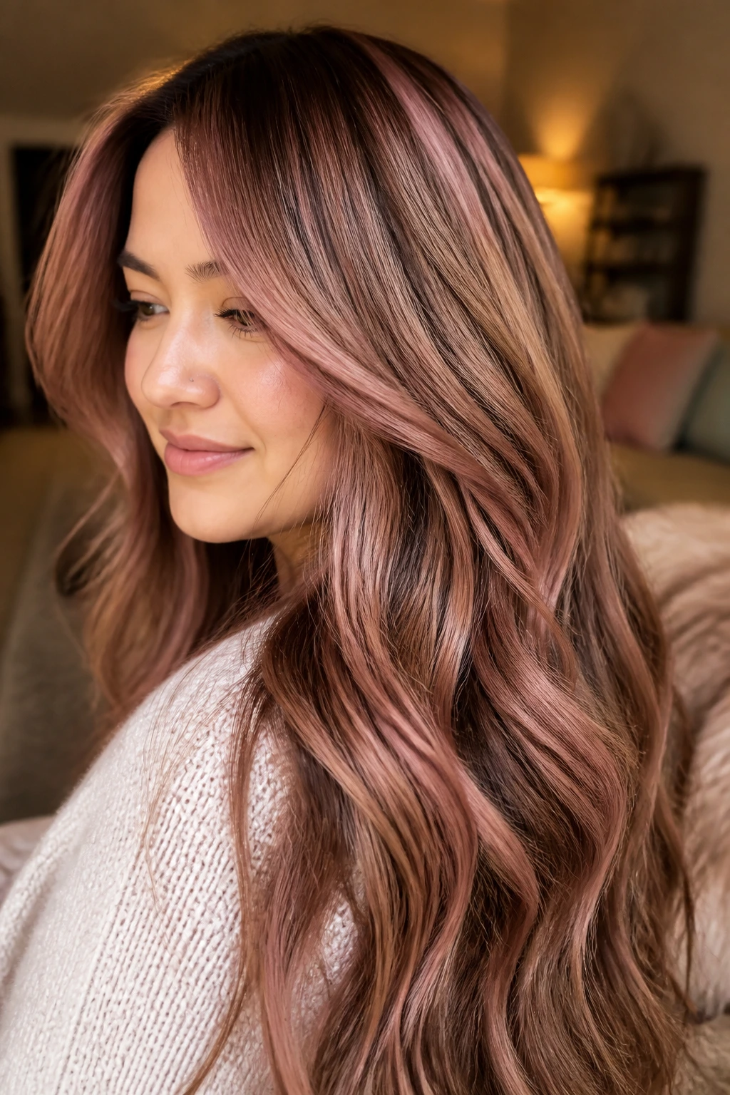 Real woman with dimensional rose gold and cocoa lowlights in warm light