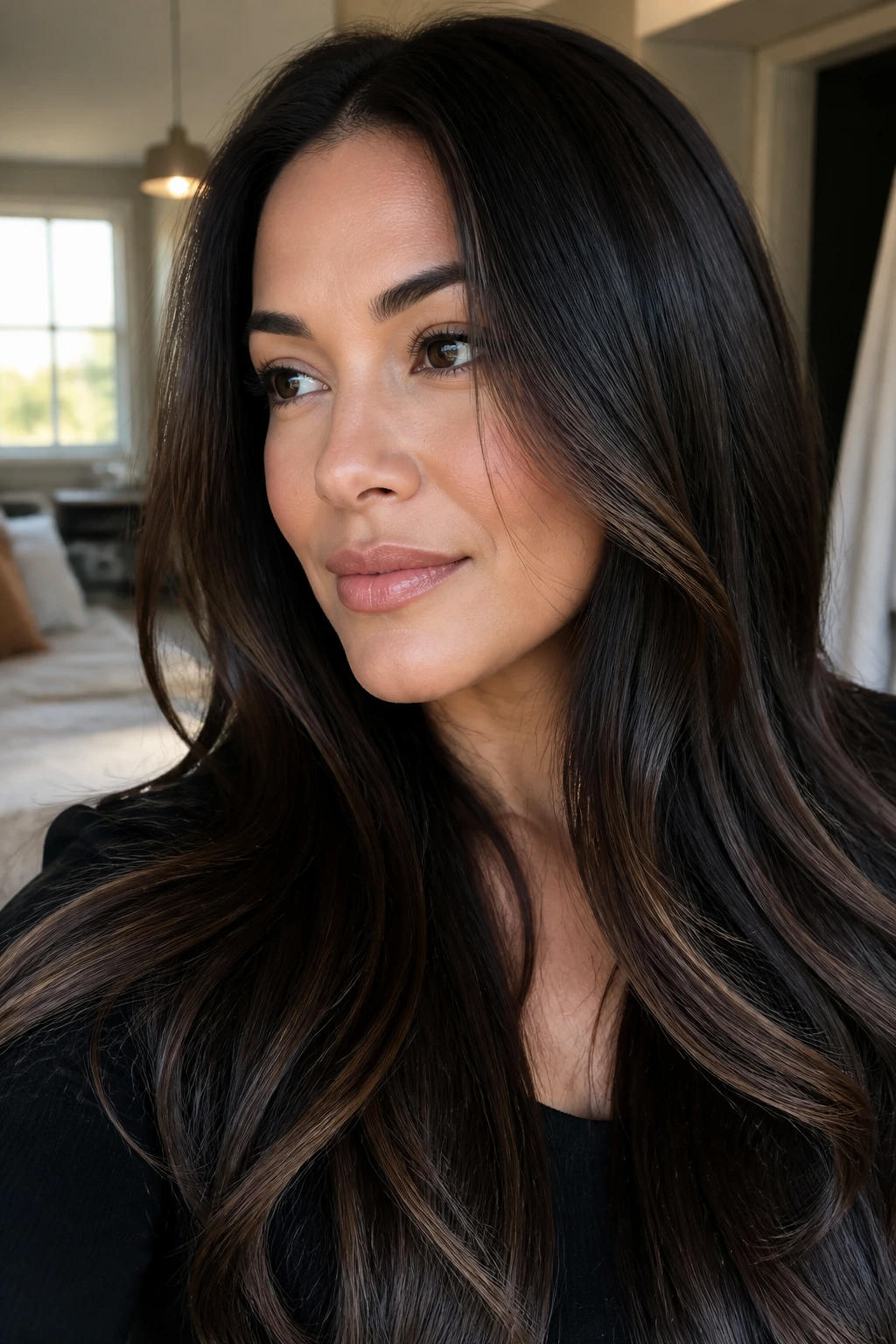 Close-up of a real woman with dimensional sable balayage on long hair