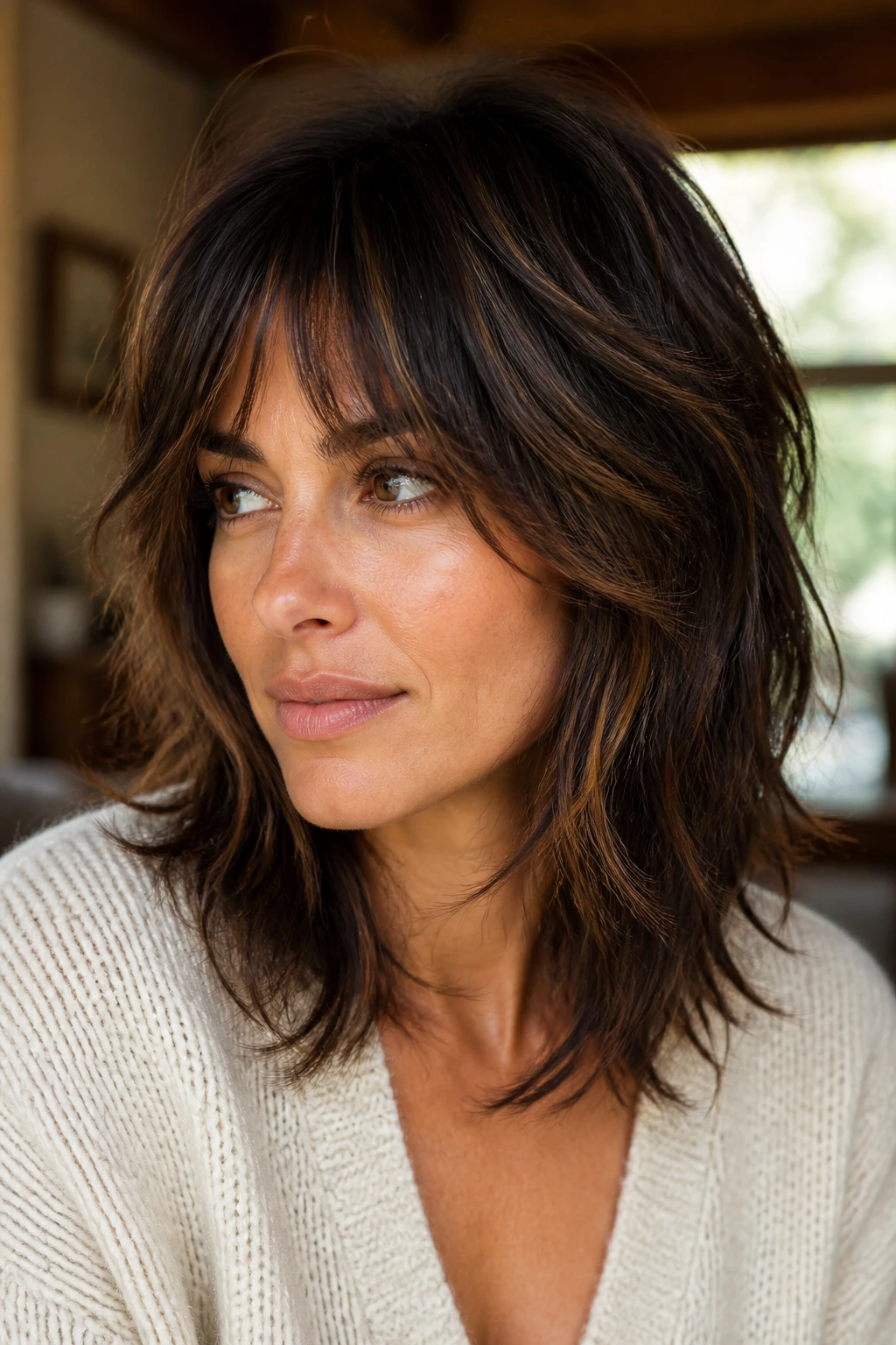 Close-up of a woman with dimensional brunette shag and caramel highlights.