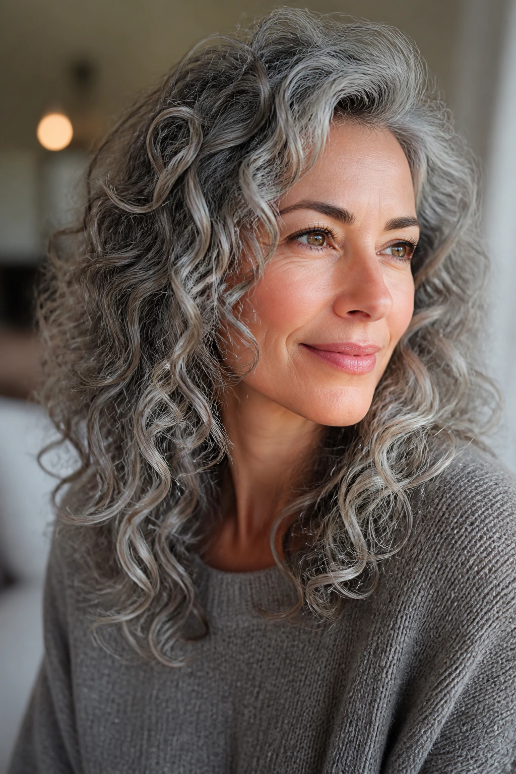 Dimensional silver curls with deeper roots and lighter ends on a real person.