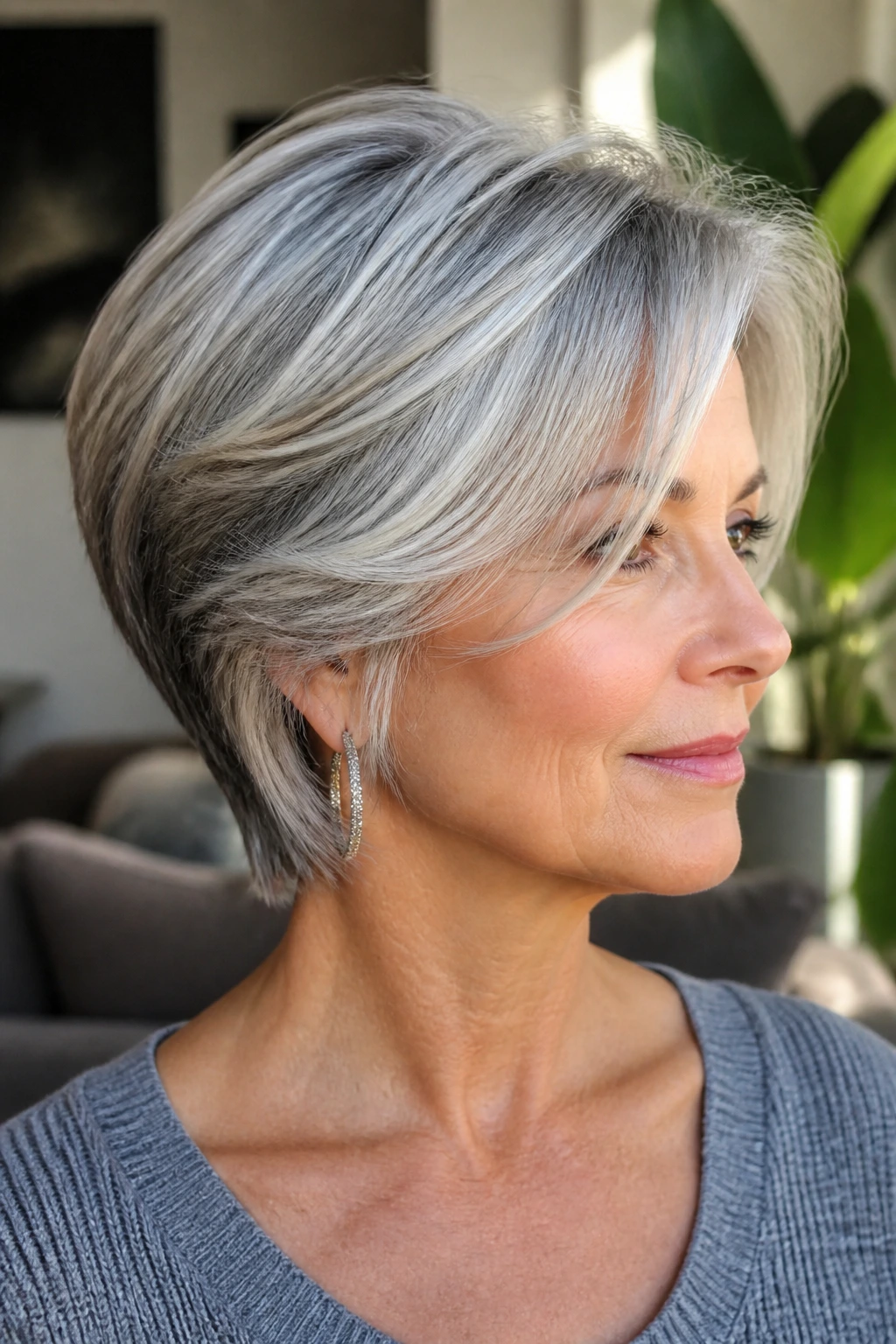 Portrait of a real woman with dimensional silver tones in fine hair.