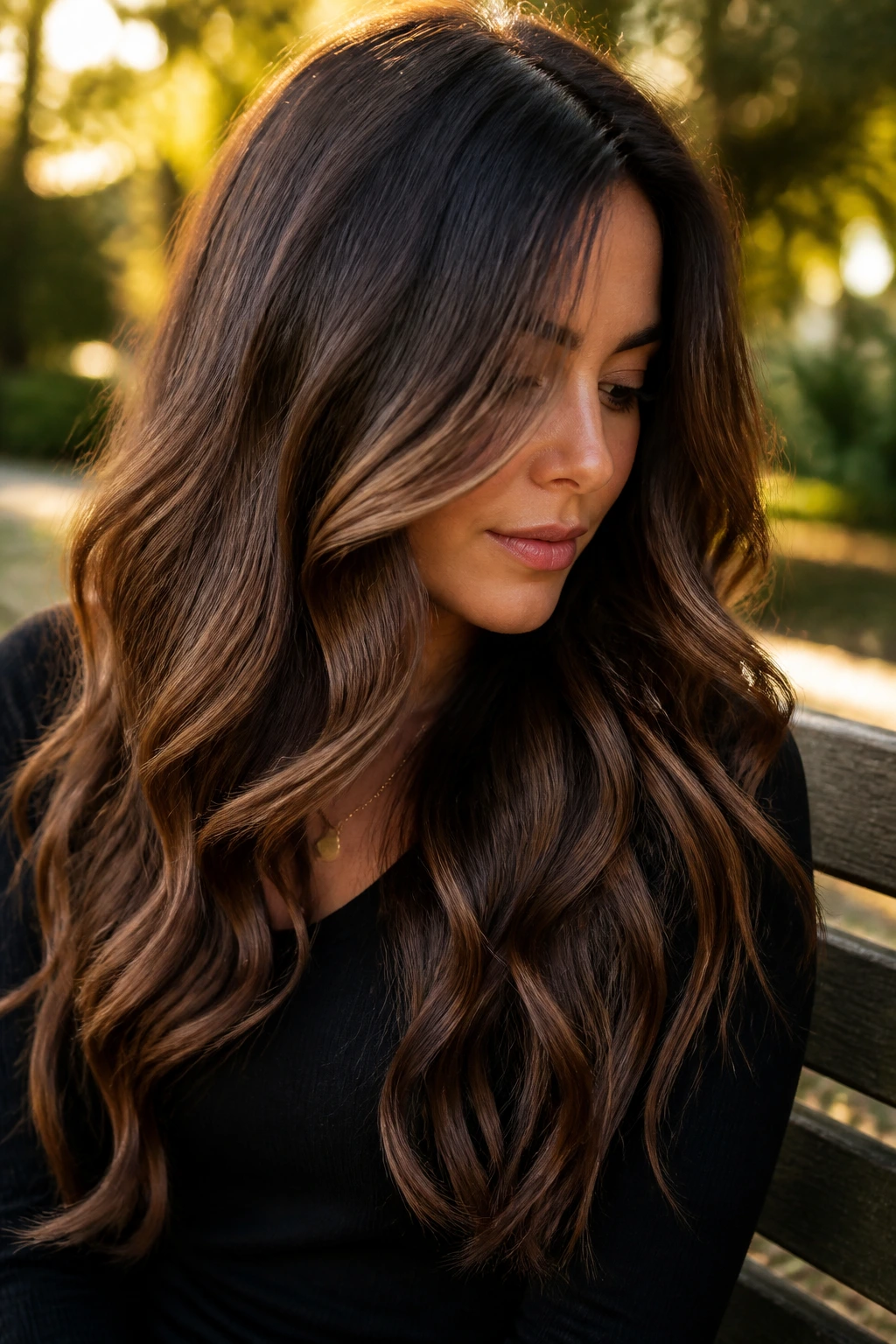 Medium close-up of a real person with dimensional walnut waves outdoors in spring light.