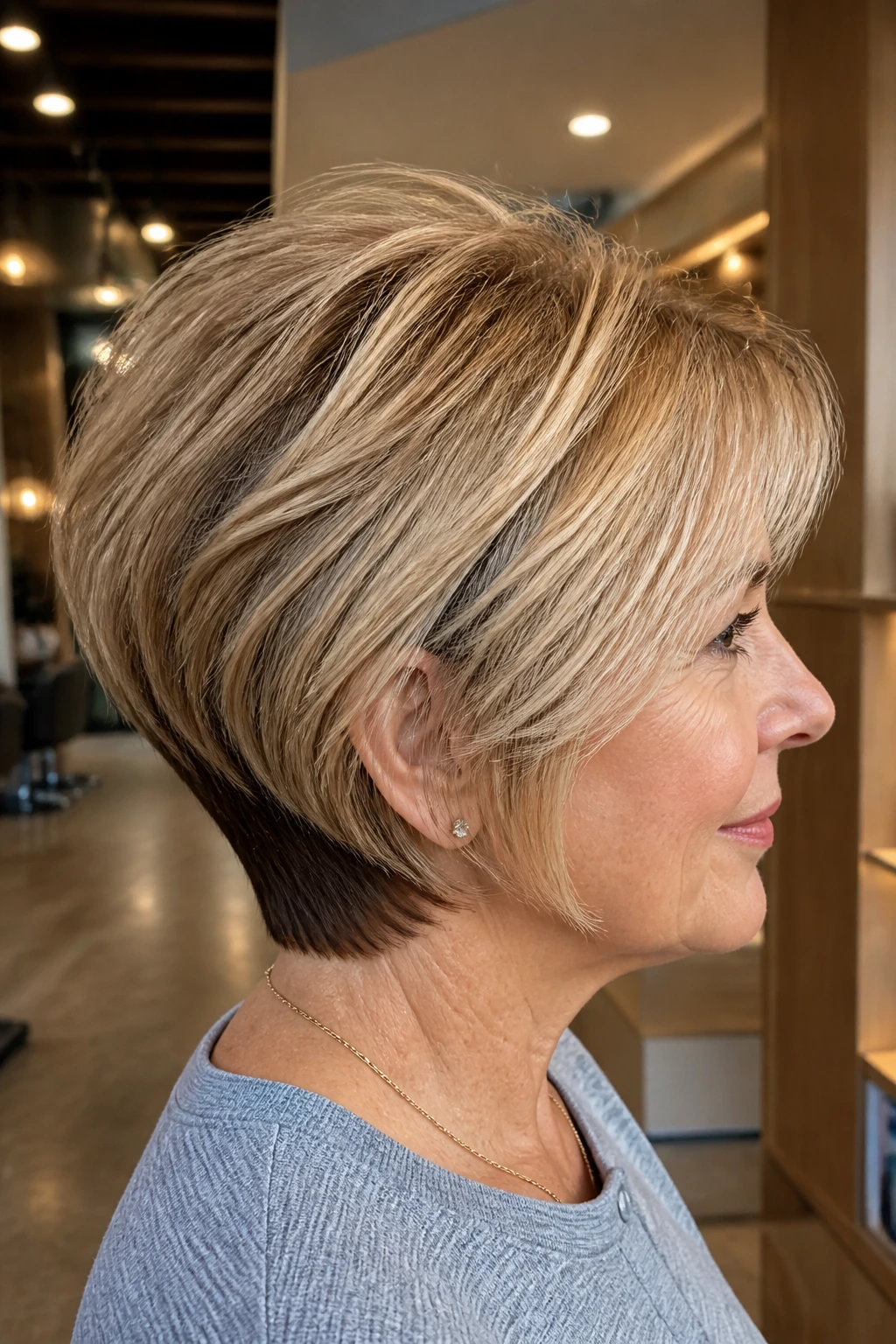 Side profile of a real person with a dimensional sandy blonde wedge.