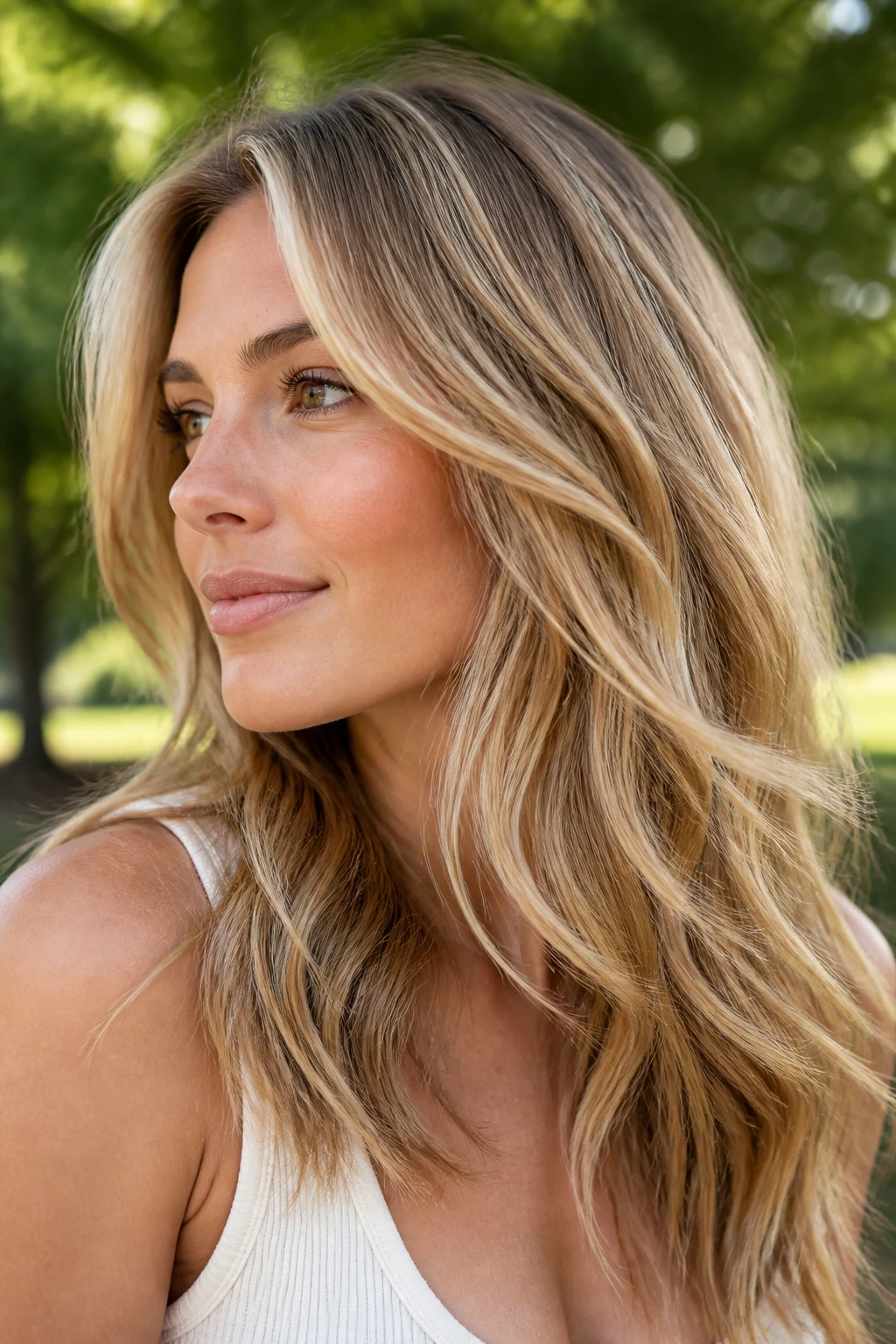 Close-up of a real woman's dimensional wheat blonde hair in sunlight.