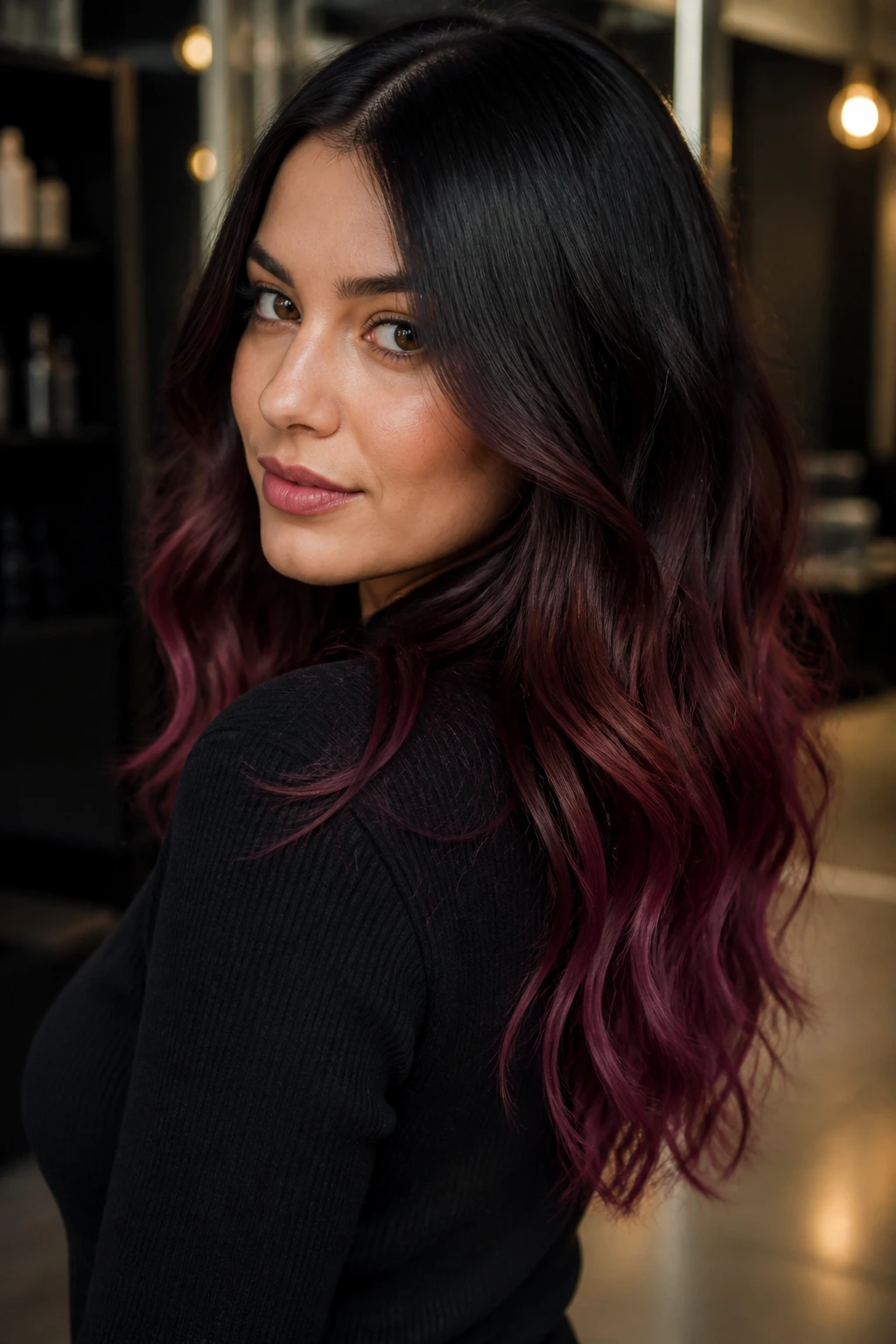 Close-up of a real woman's hair showing burgundy wine dip-dye with a gradual fade