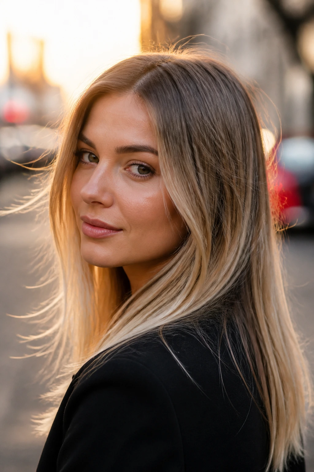 Close-up portrait of a real woman with dirty blonde hair and bright ends.