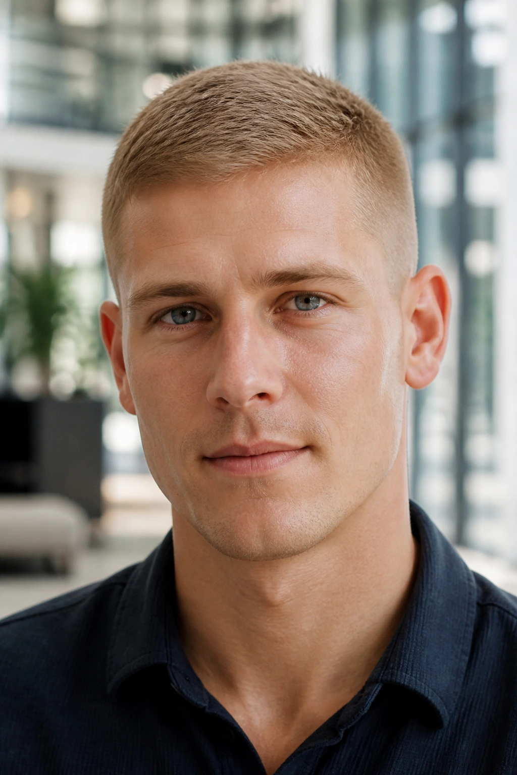 Close-up of a man with a dirty blonde crew cut